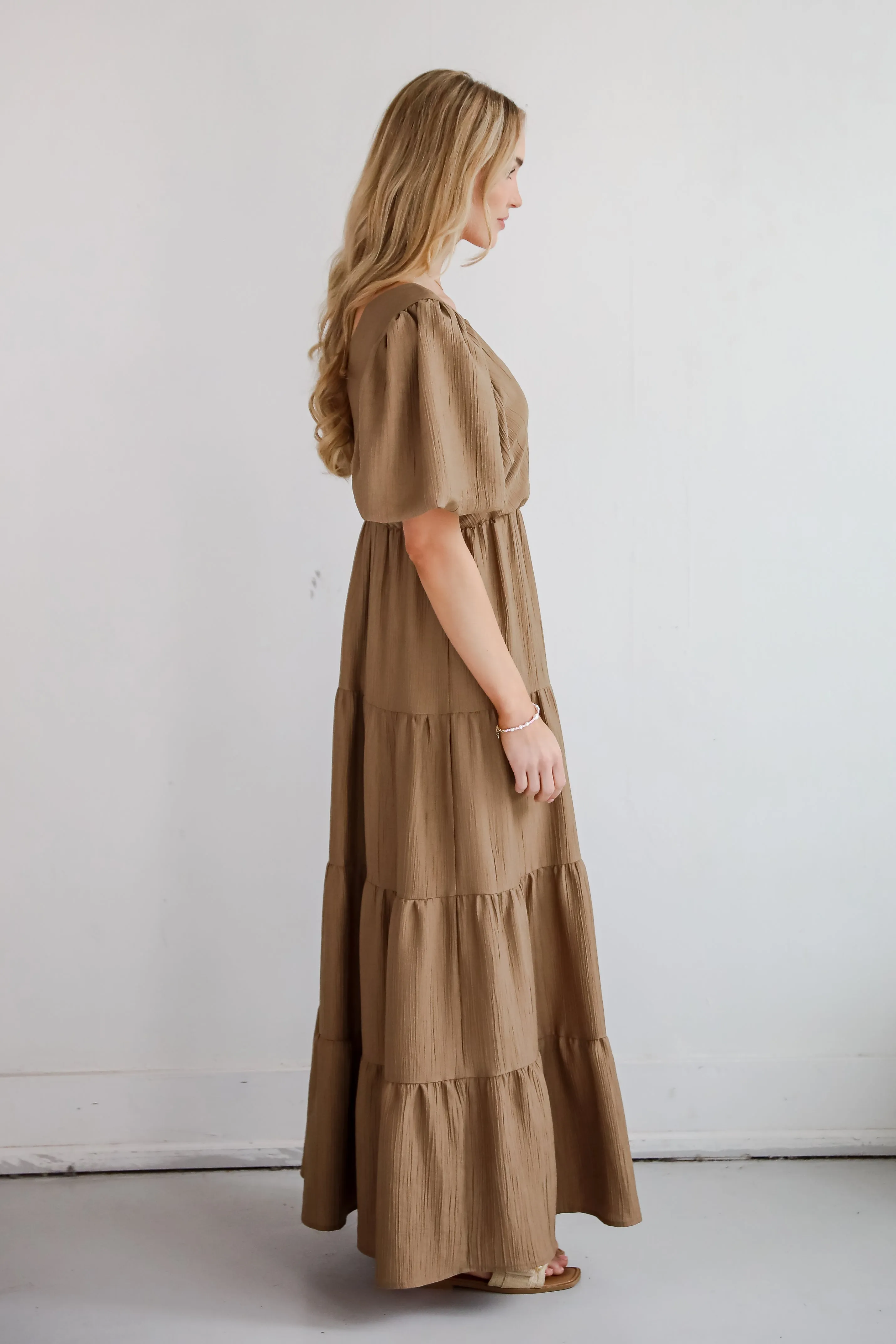 Aesthetic Ease Taupe Tiered Maxi Dress