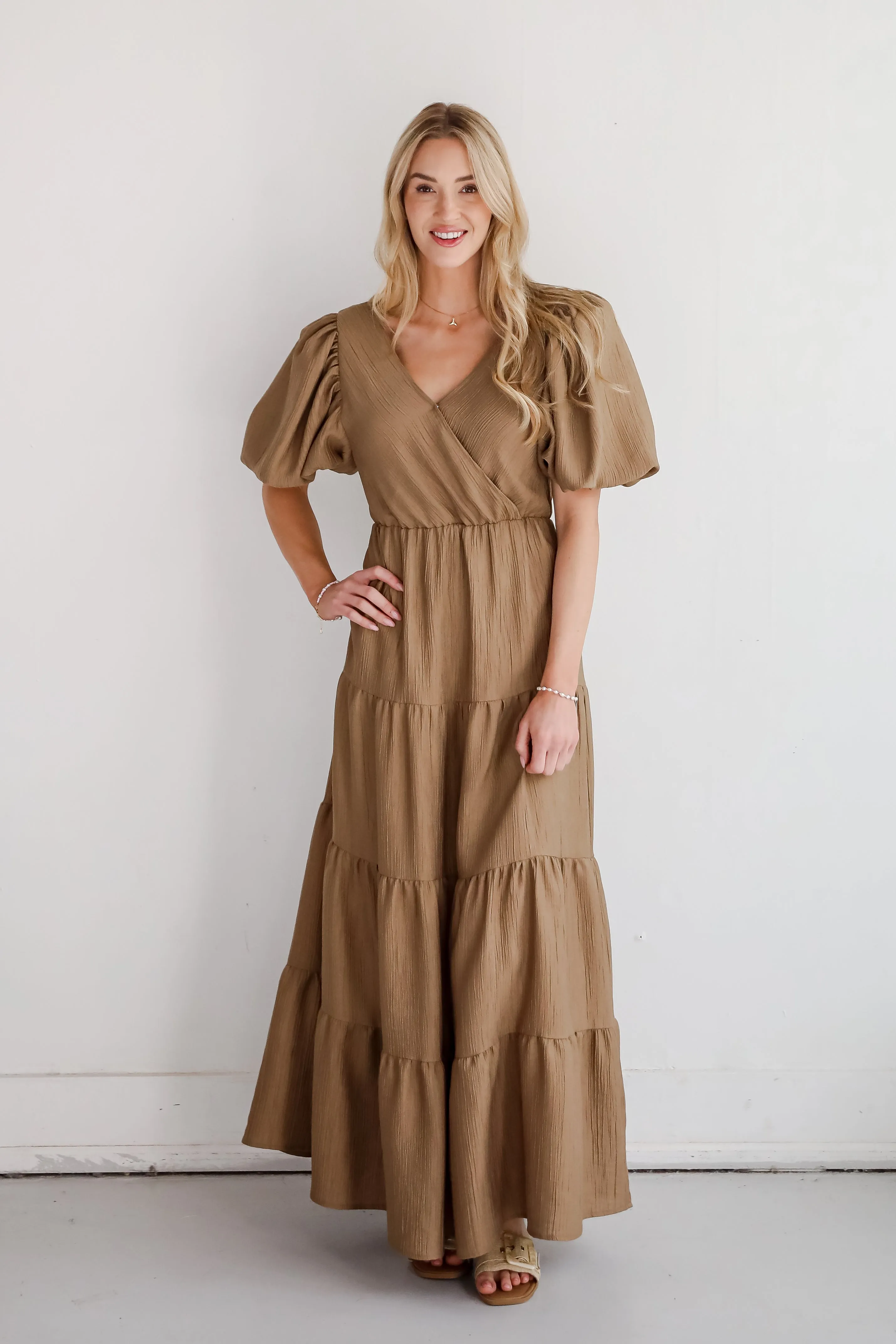 Aesthetic Ease Taupe Tiered Maxi Dress