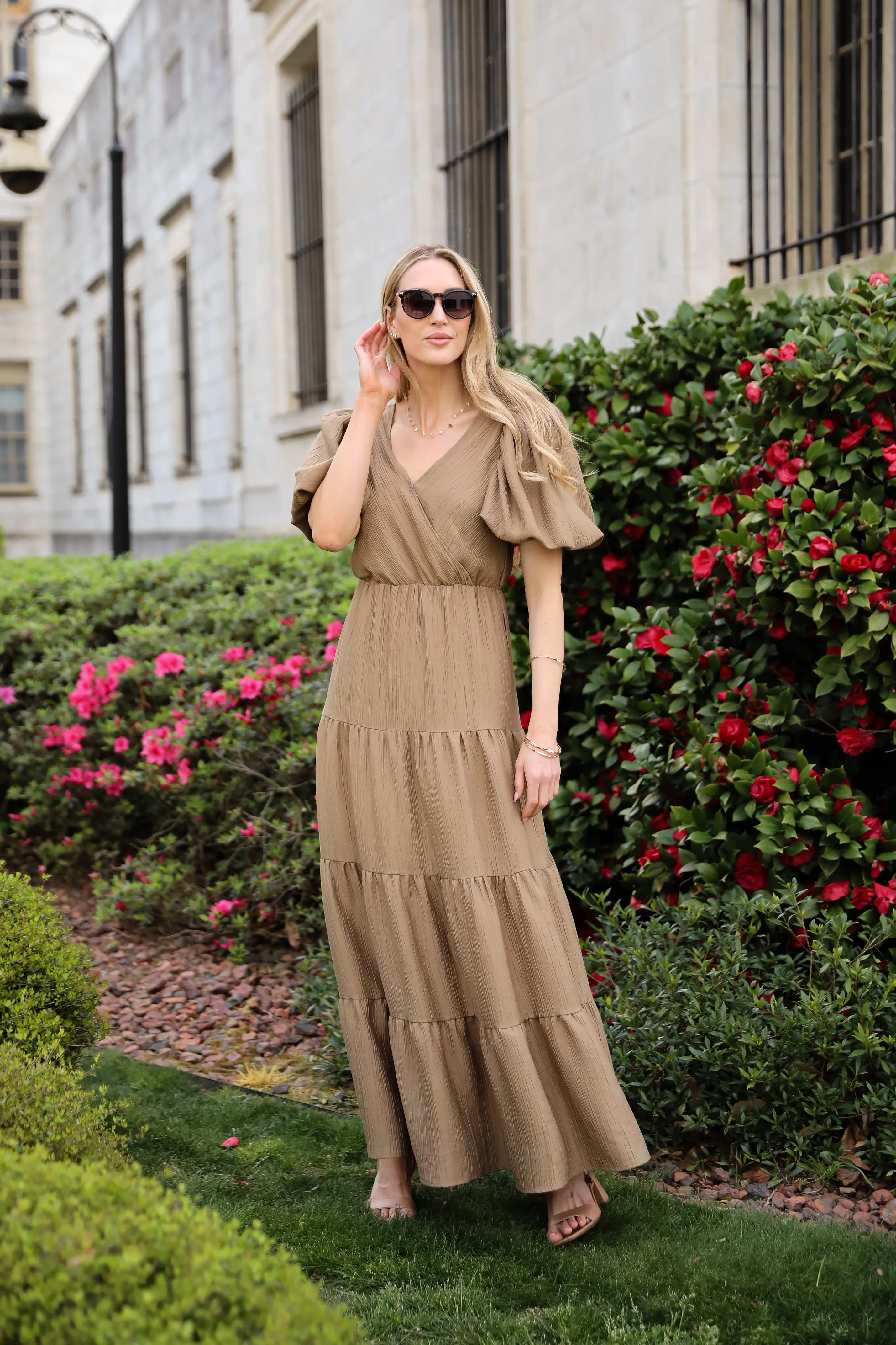 Aesthetic Ease Taupe Tiered Maxi Dress