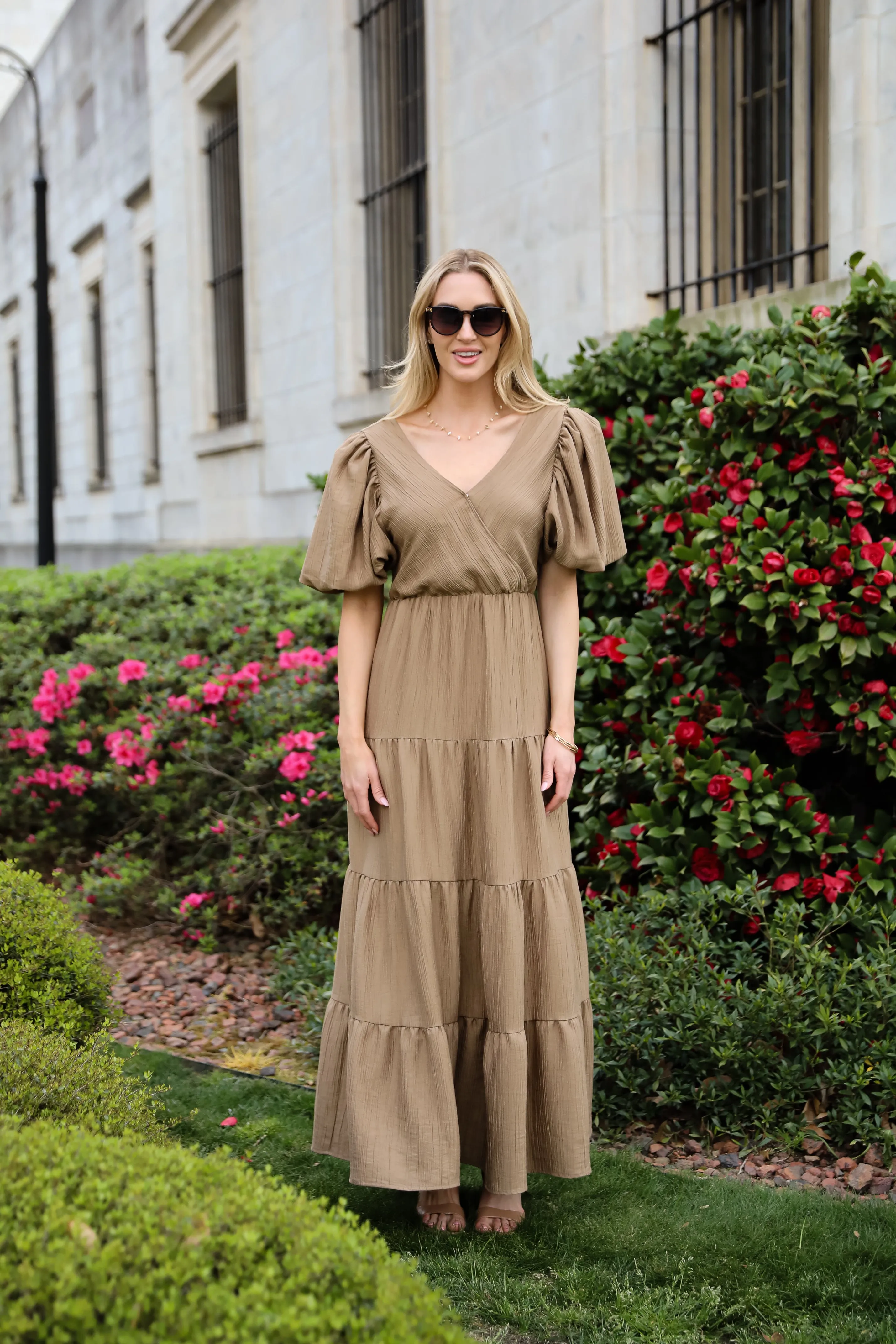 Aesthetic Ease Taupe Tiered Maxi Dress