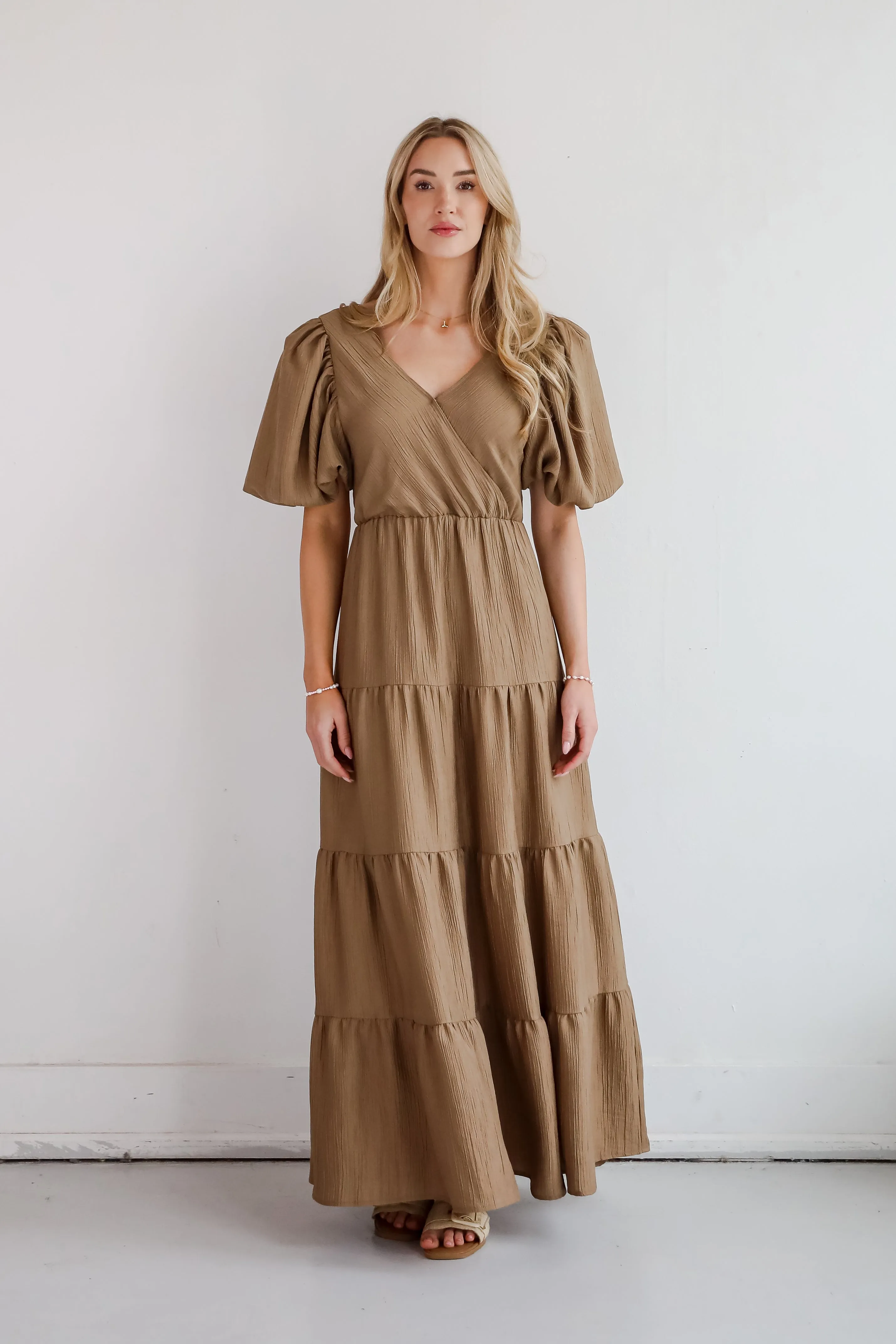 Aesthetic Ease Taupe Tiered Maxi Dress