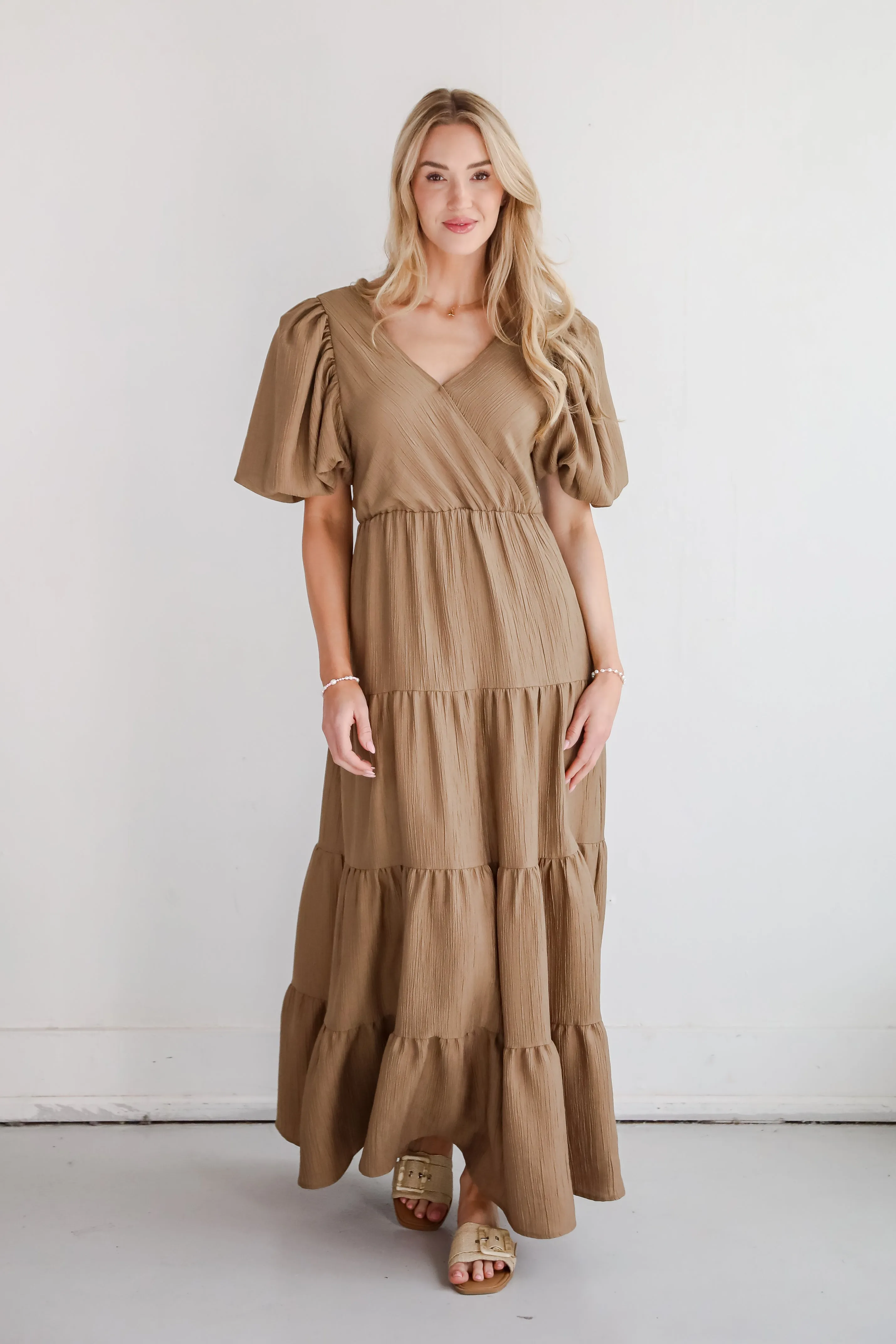 Aesthetic Ease Taupe Tiered Maxi Dress