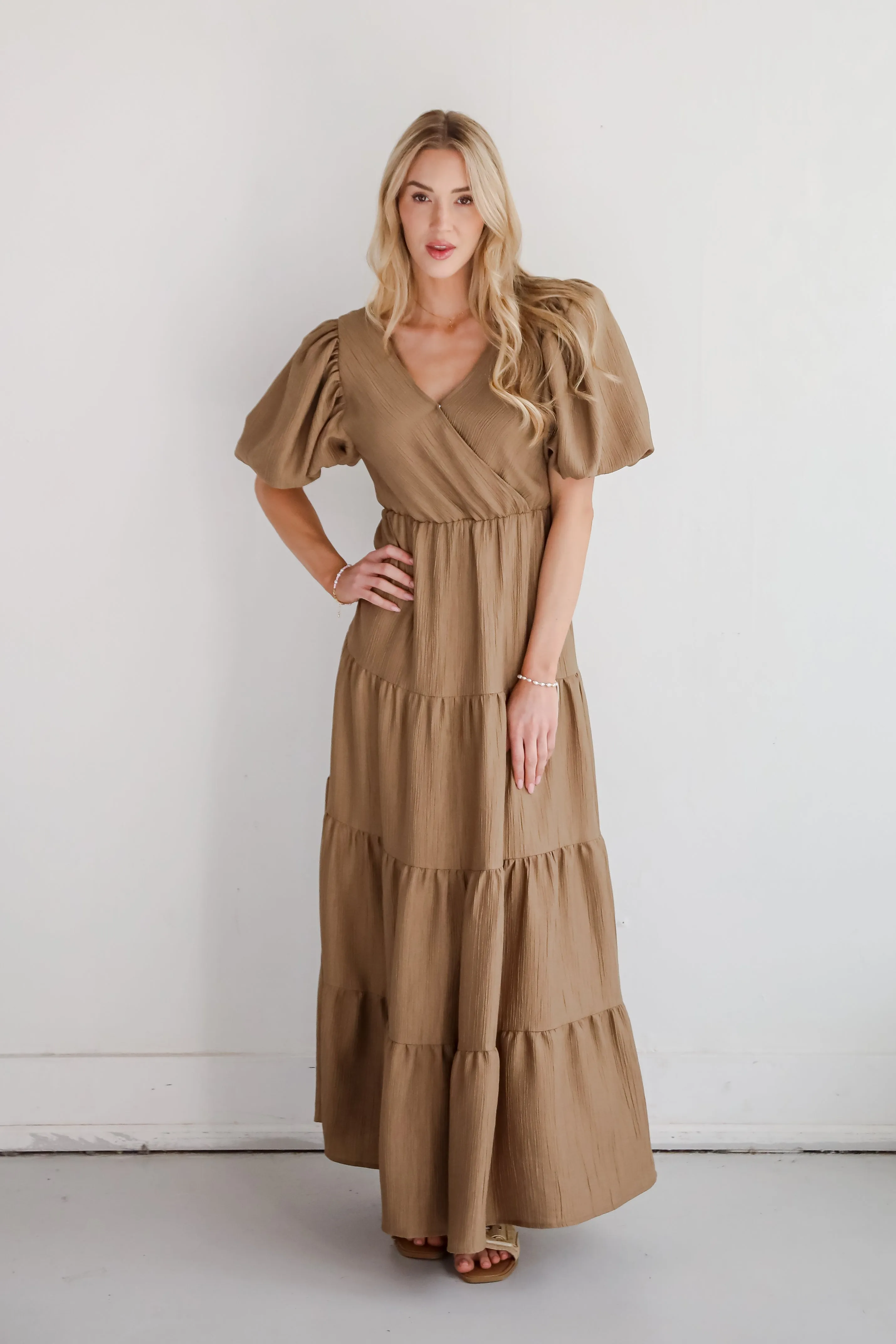 Aesthetic Ease Taupe Tiered Maxi Dress