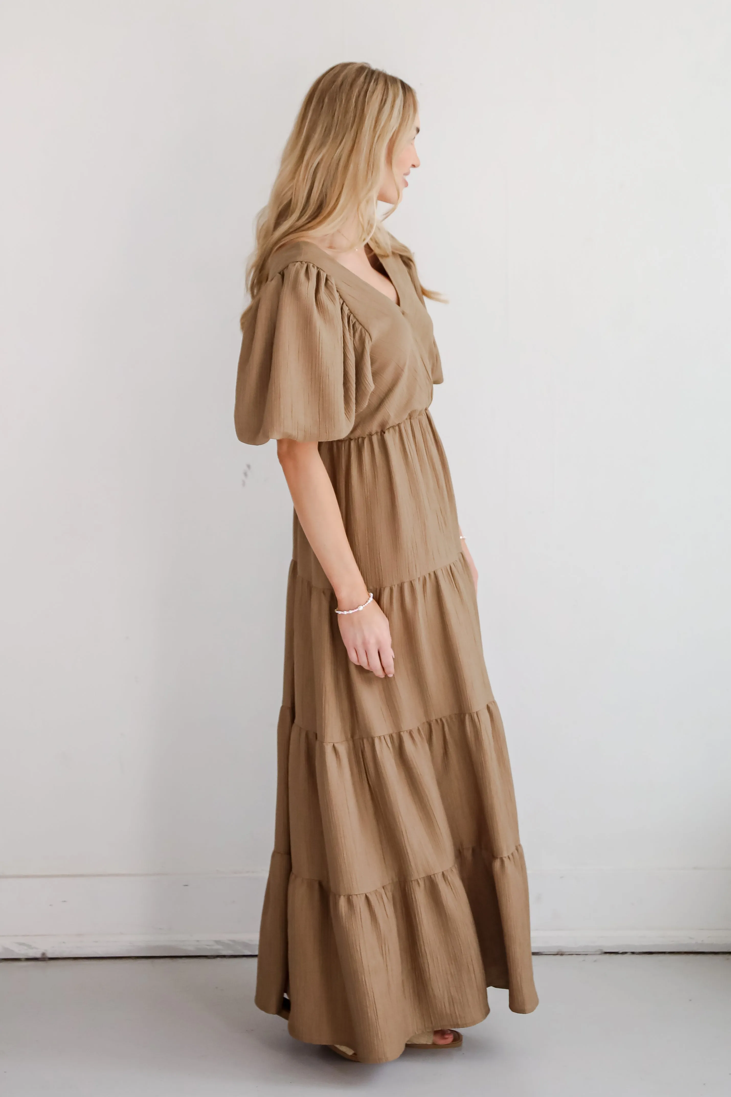 Aesthetic Ease Taupe Tiered Maxi Dress