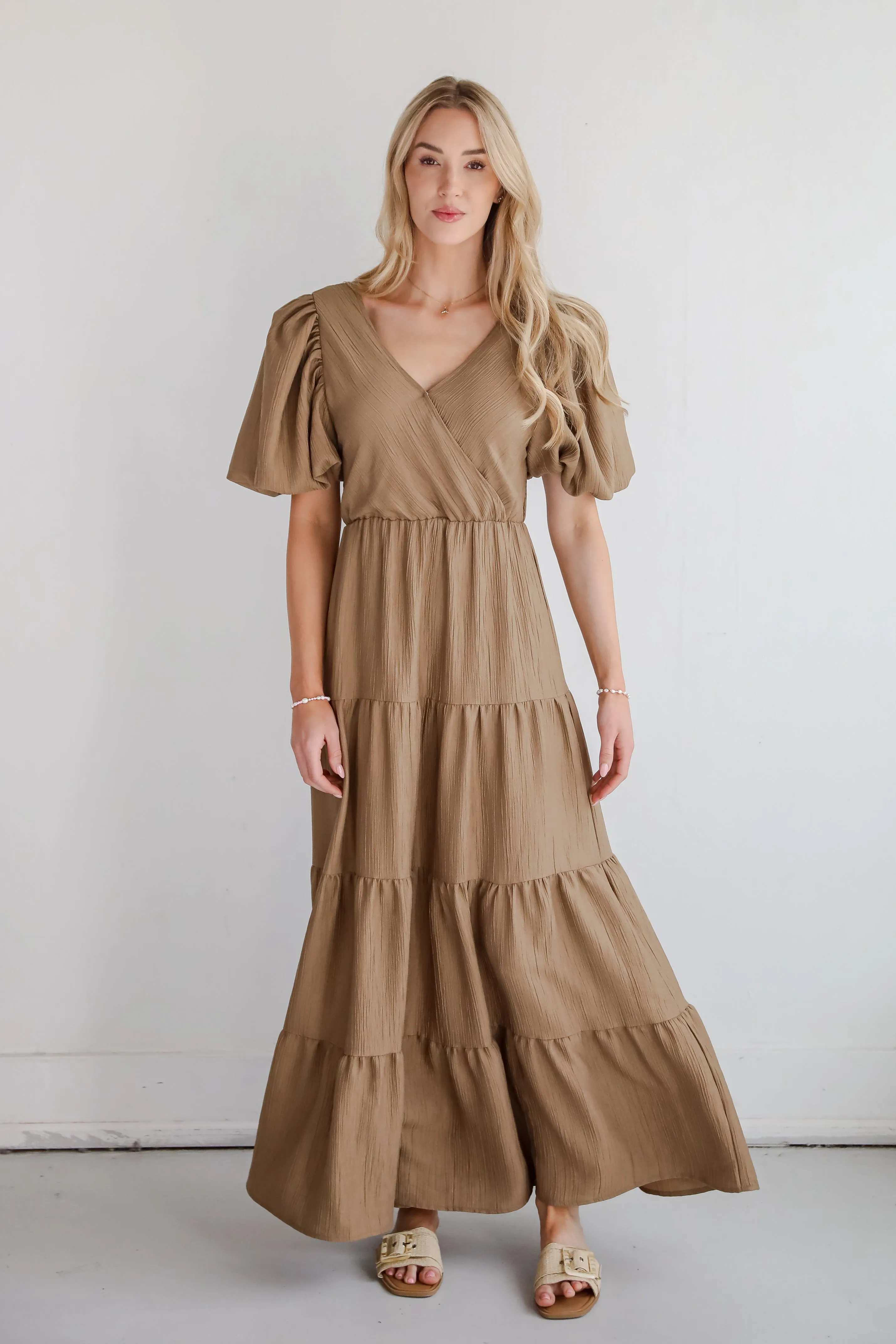 Aesthetic Ease Taupe Tiered Maxi Dress
