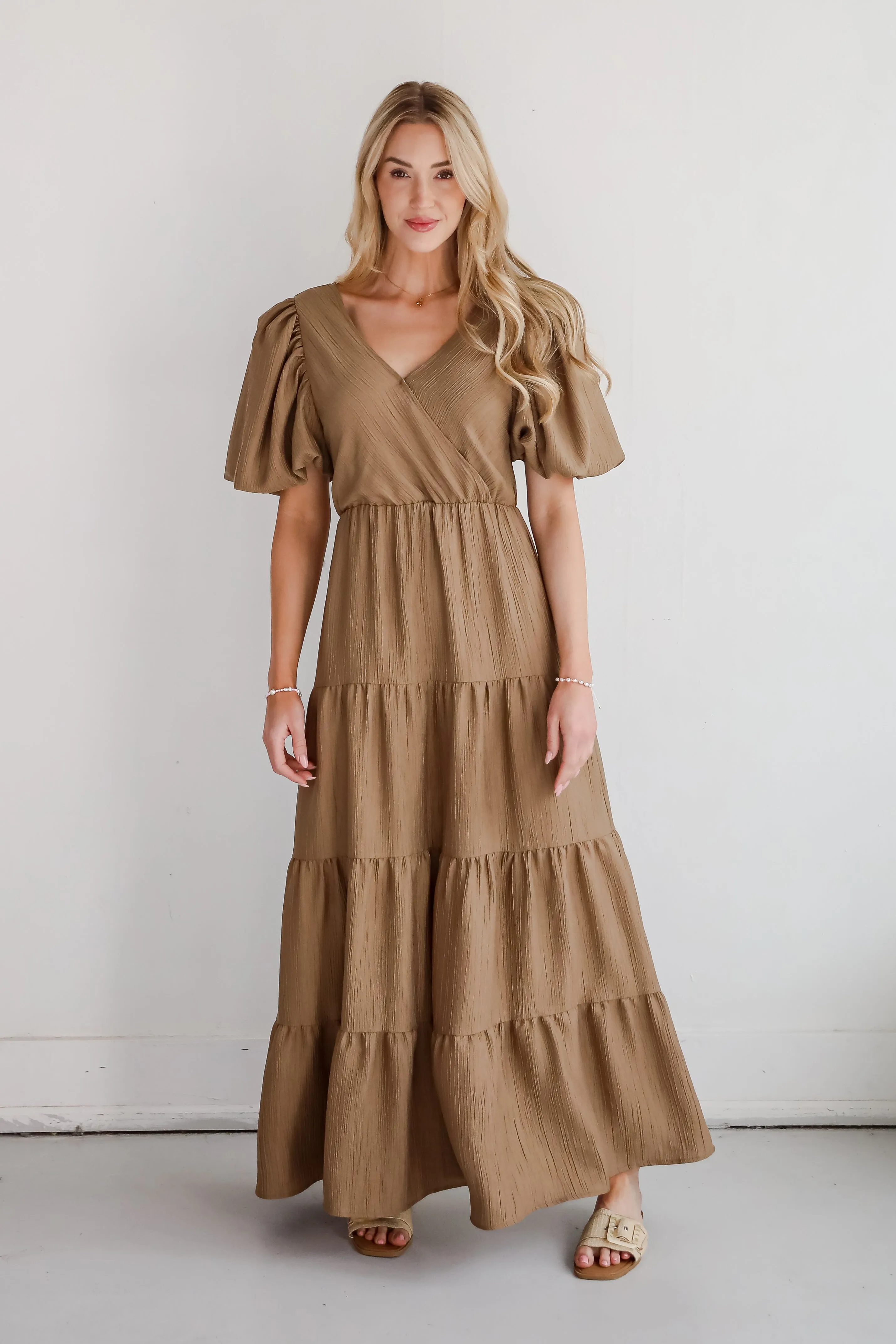 Aesthetic Ease Taupe Tiered Maxi Dress