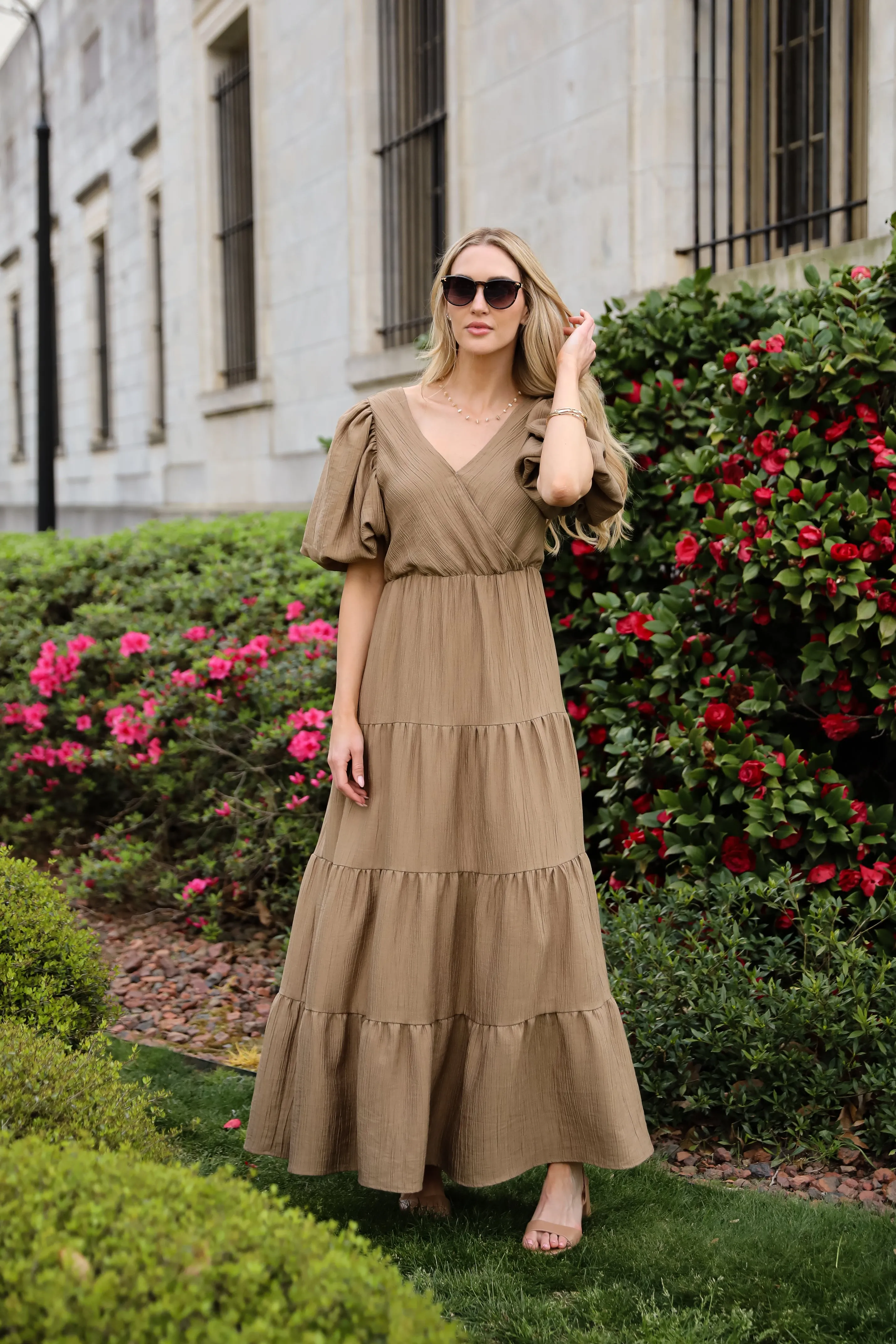 Aesthetic Ease Taupe Tiered Maxi Dress