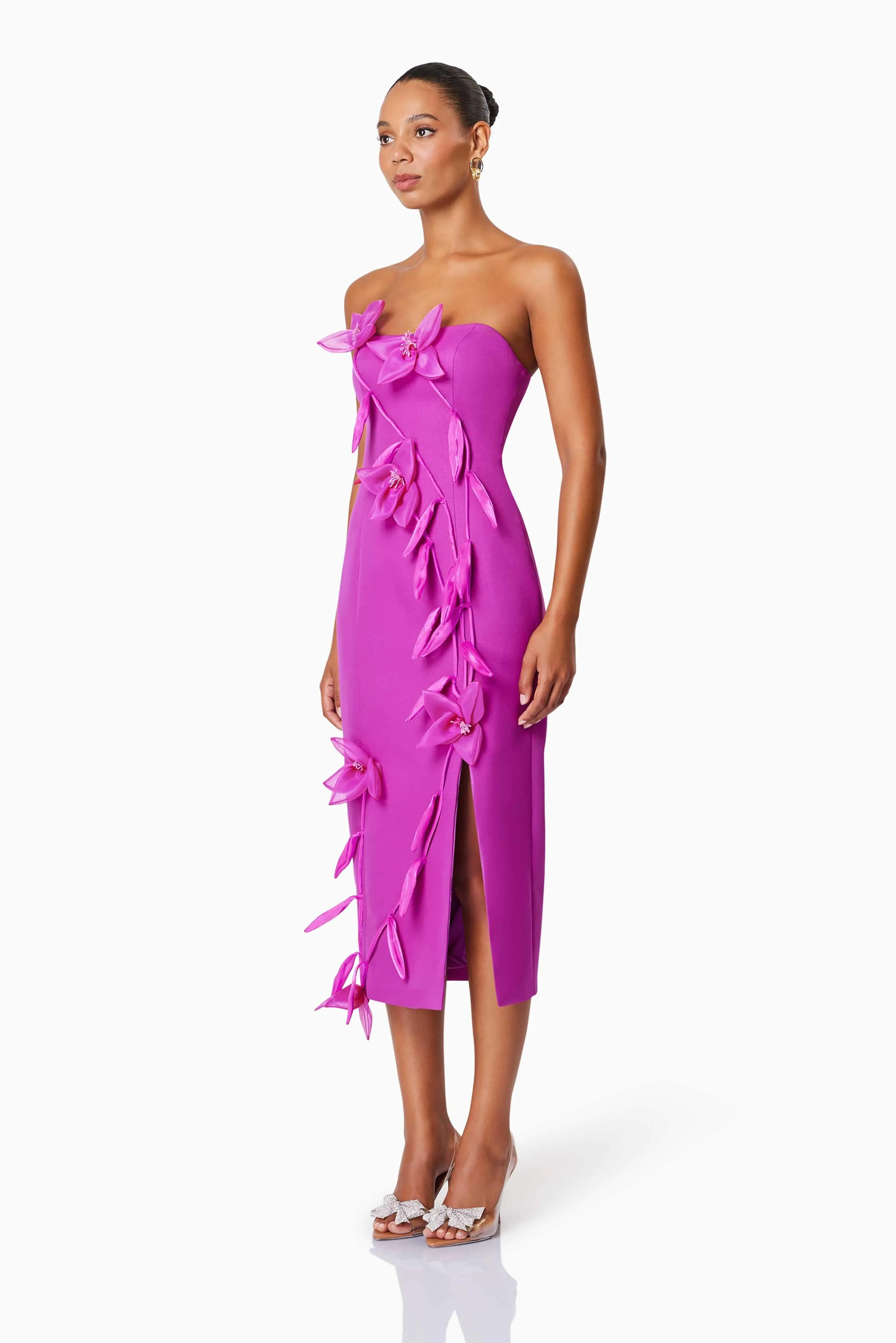 Bethany Strapless Floral Midi Dress In Purple