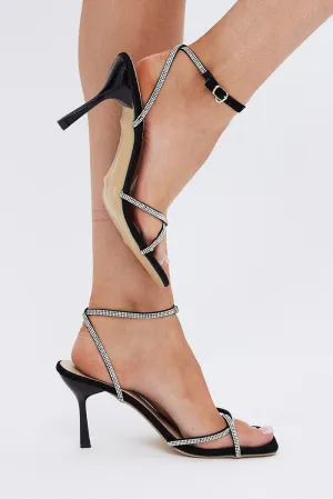 Black Rhinestone Decor Square Toe Ankle Strap Sandals
