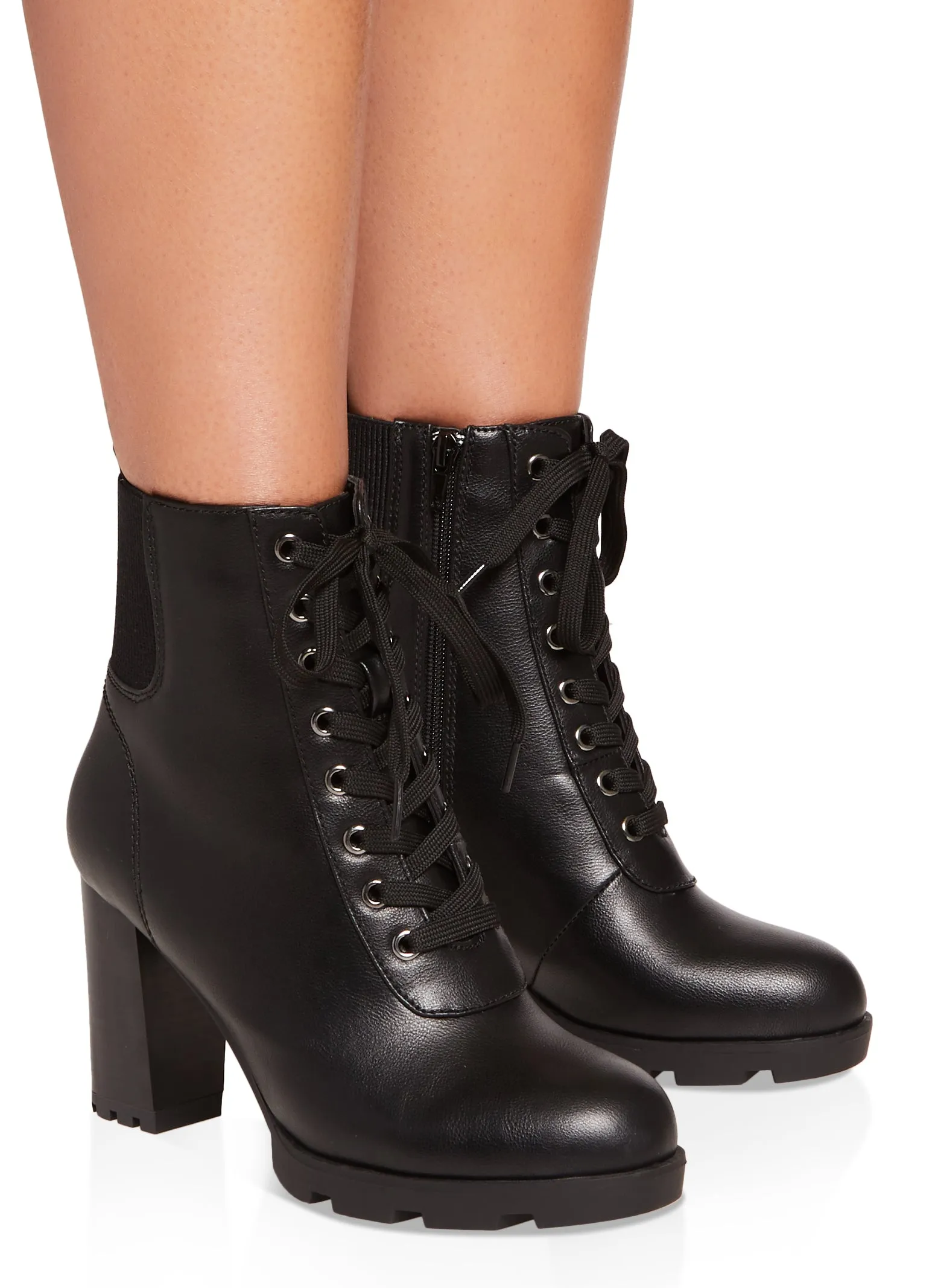 Block Heel Round Toe Lace Up Booties