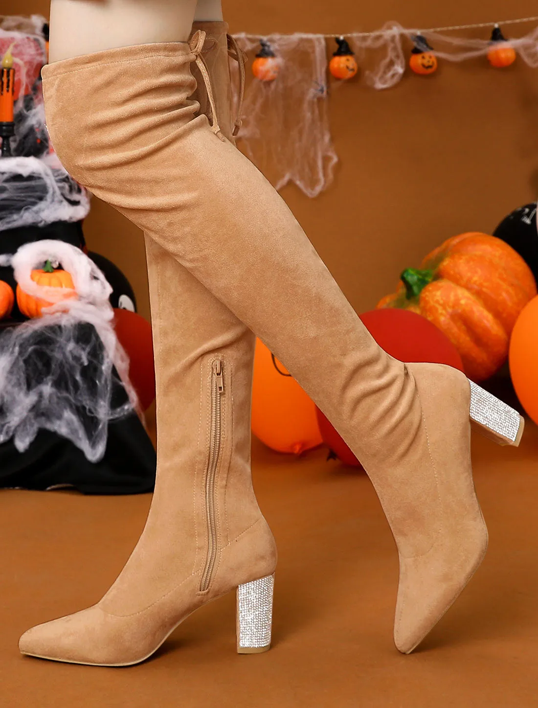 Chunky Heel Bling Rhinestone Over the Knee High Boots
