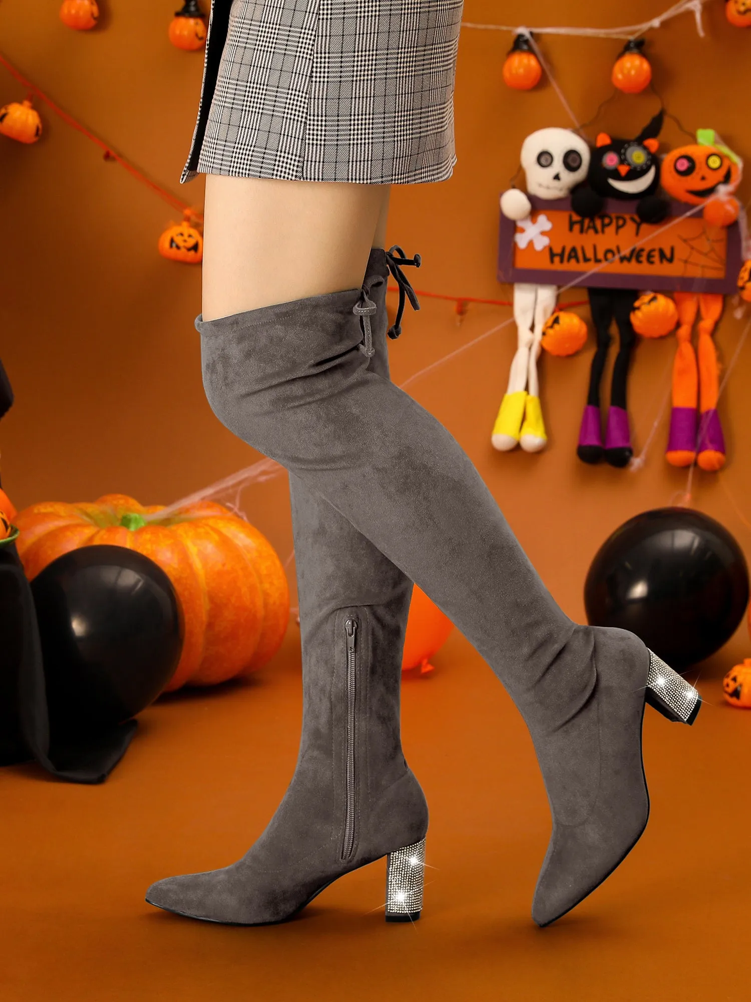 Chunky Heel Bling Rhinestone Over the Knee High Boots