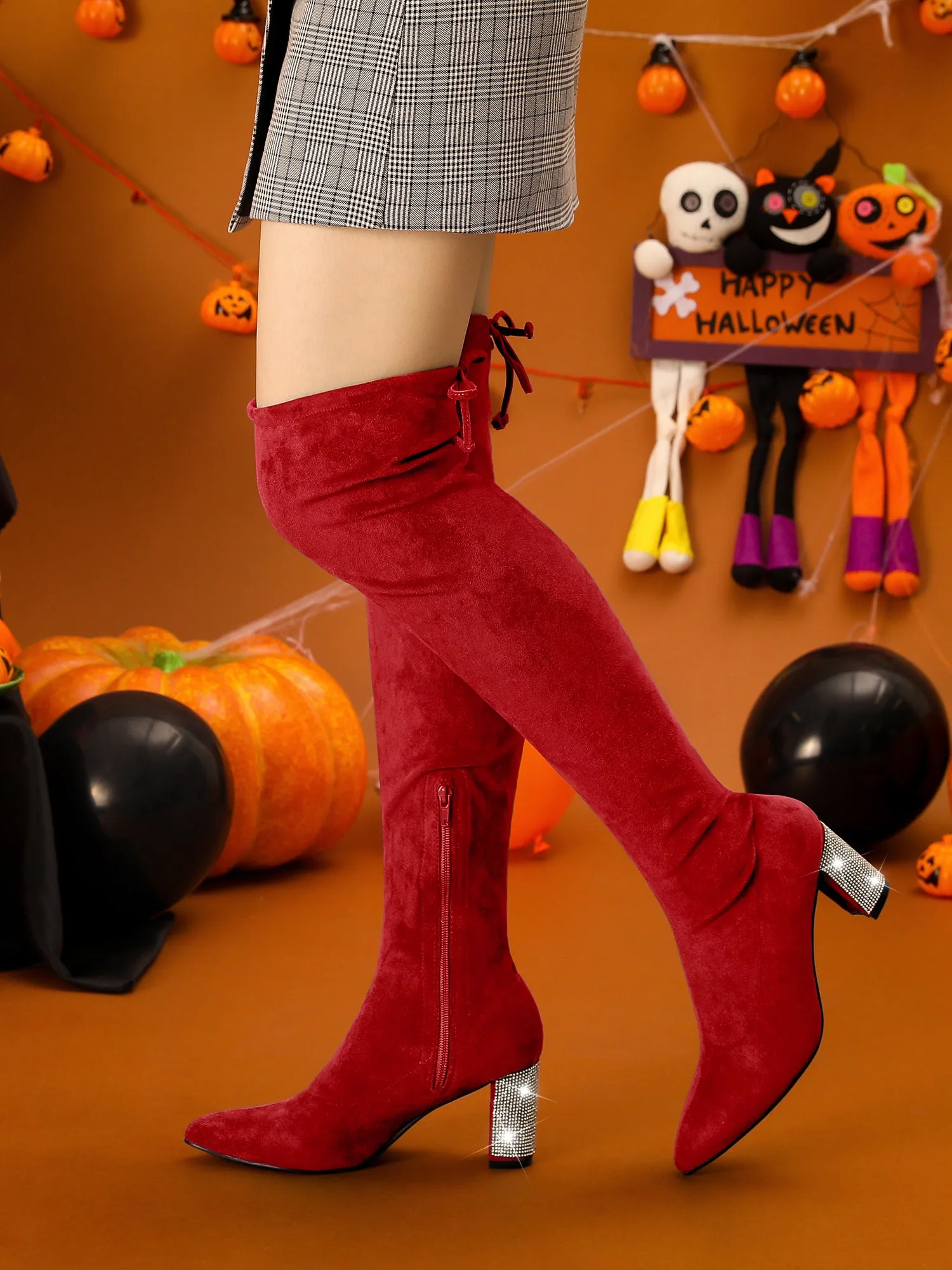 Chunky Heel Bling Rhinestone Over the Knee High Boots
