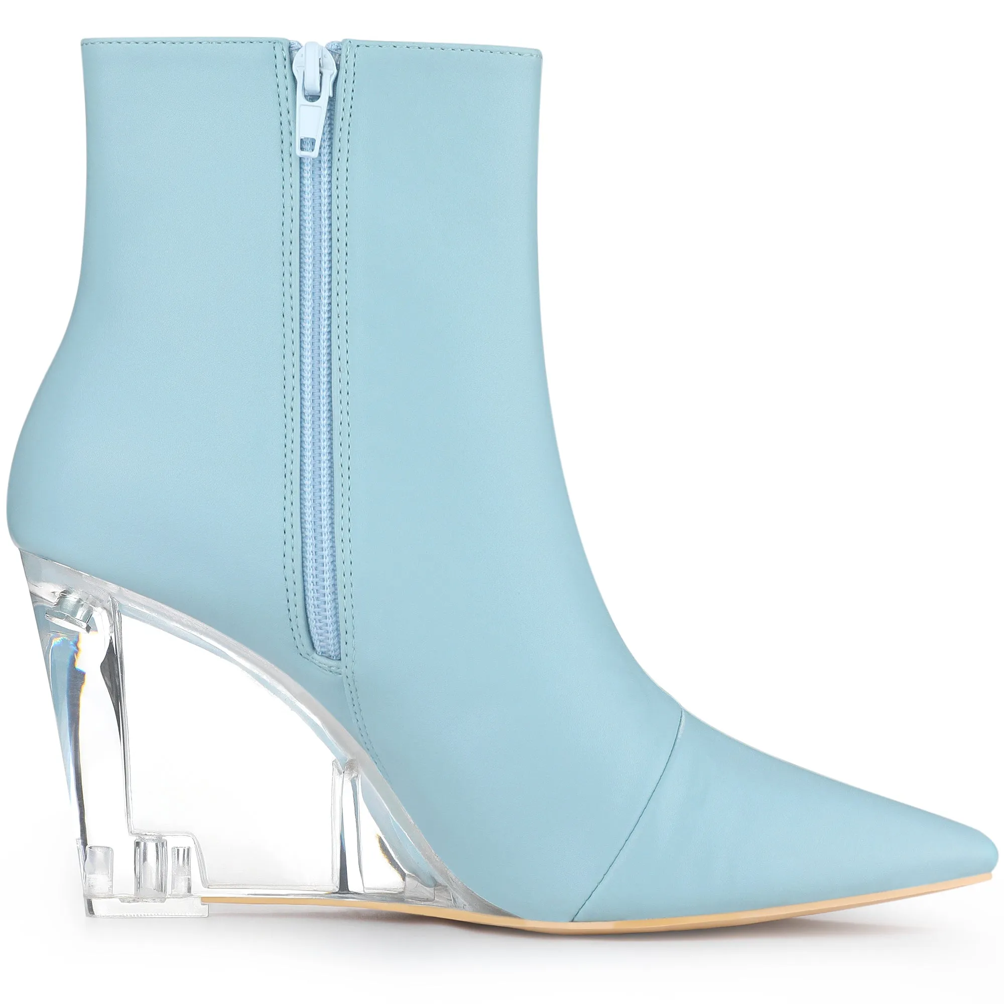 Clear Heel Pointed Toe Wedge Heel Faux Leather Ankle Boots