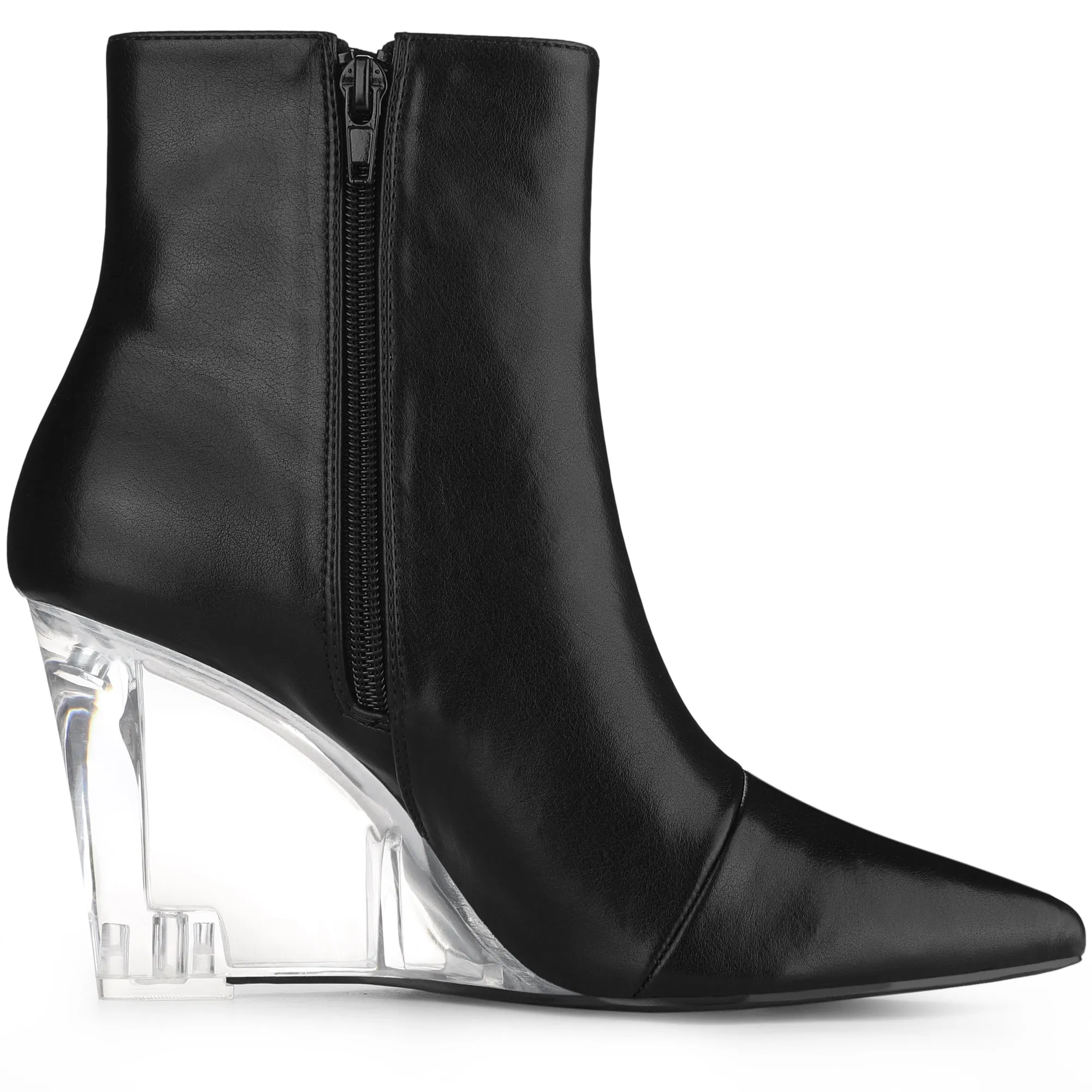 Clear Heel Pointed Toe Wedge Heel Faux Leather Ankle Boots