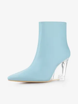 Clear Heel Pointed Toe Wedge Heel Faux Leather Ankle Boots