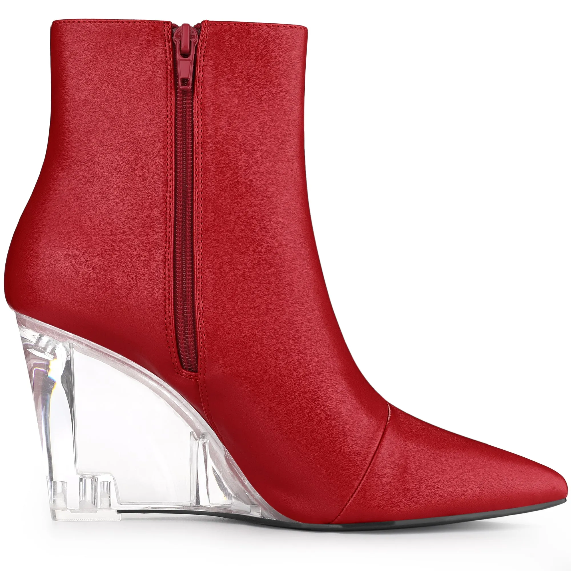 Clear Heel Pointed Toe Wedge Heel Faux Leather Ankle Boots
