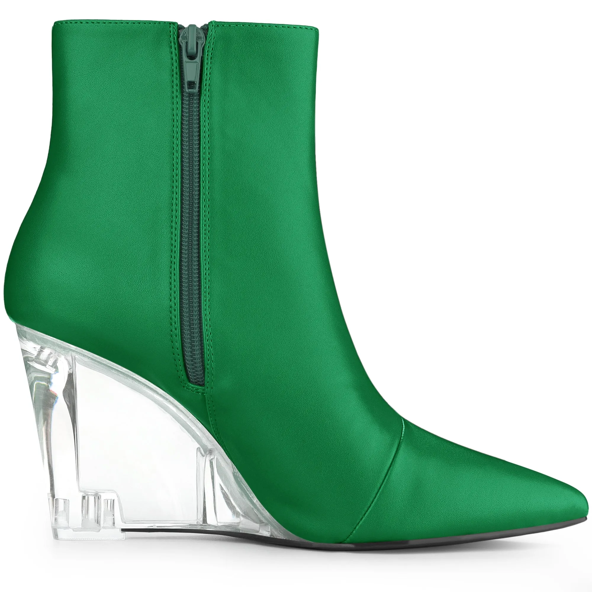 Clear Heel Pointed Toe Wedge Heel Faux Leather Ankle Boots