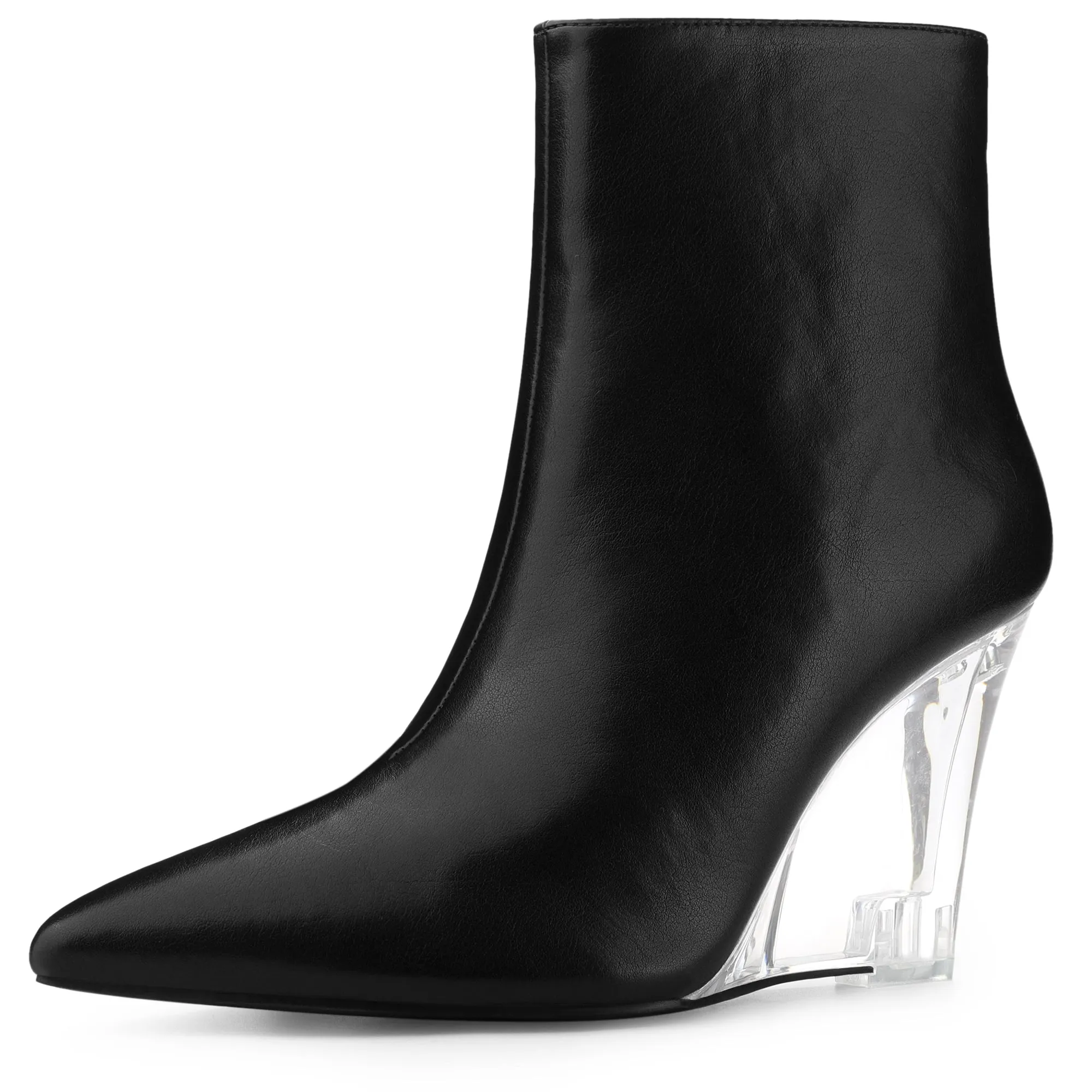 Clear Heel Pointed Toe Wedge Heel Faux Leather Ankle Boots
