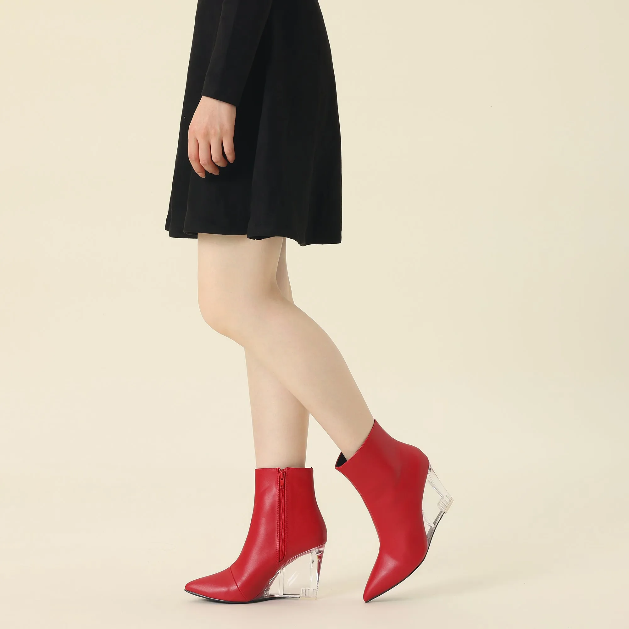 Clear Heel Pointed Toe Wedge Heel Faux Leather Ankle Boots