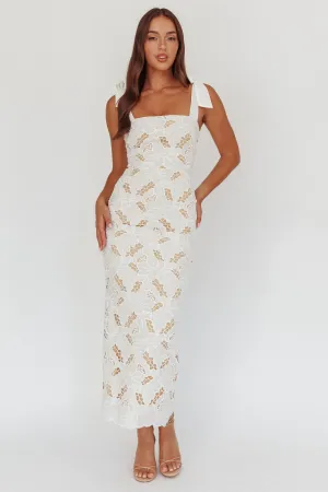 Coastal Bloom Tied Shoulder Maxi Dress Embroidered White
