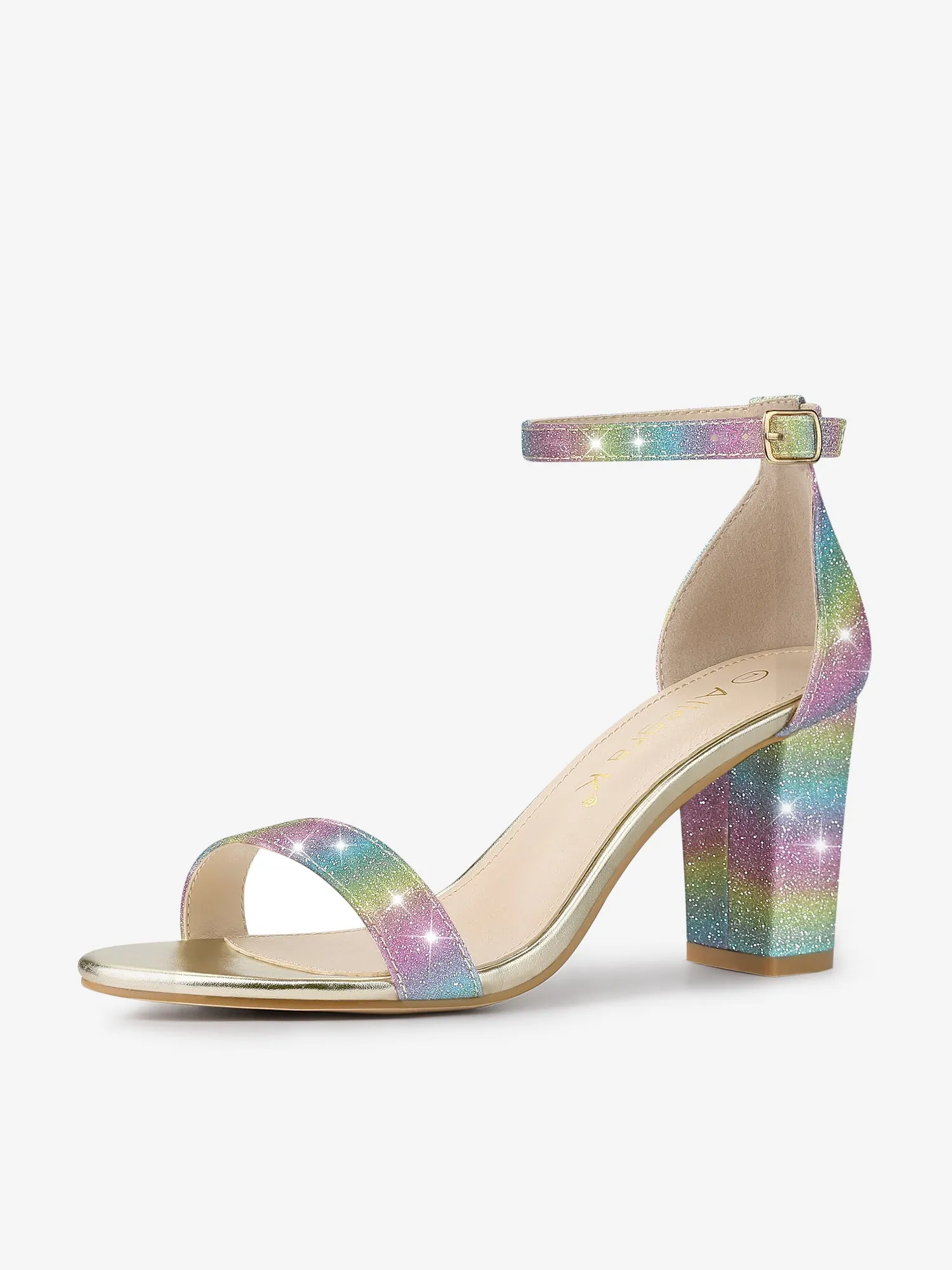 Colorful Gradient Glitter Chunky Heel Ankle Strap Sandals
