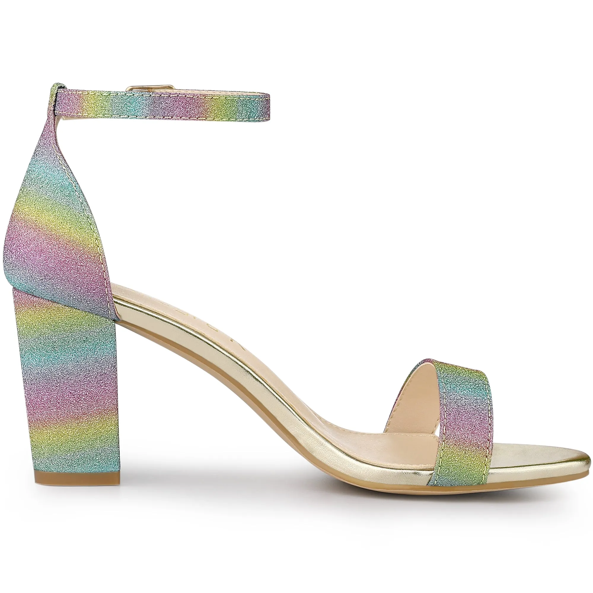 Colorful Gradient Glitter Chunky Heel Ankle Strap Sandals