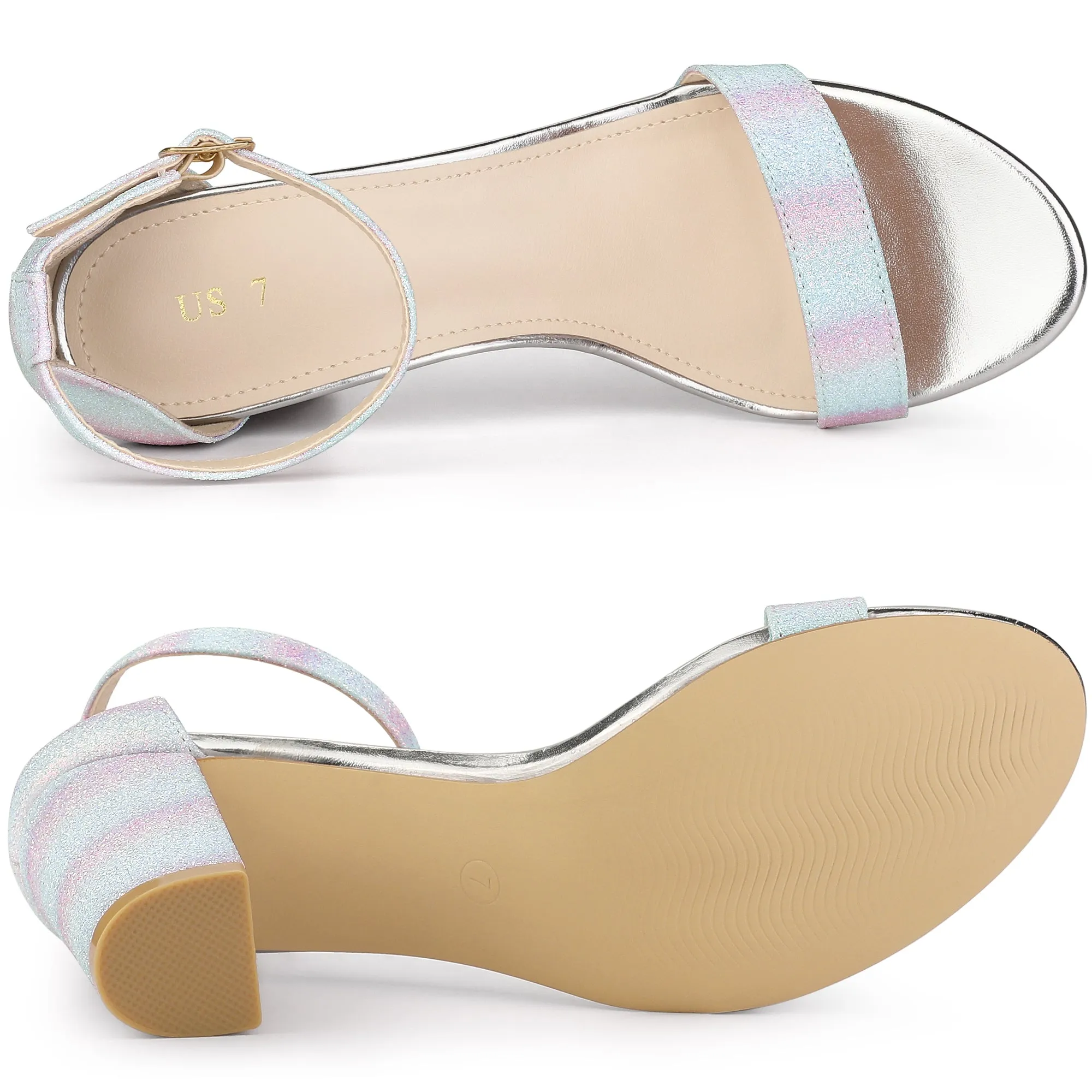Colorful Gradient Glitter Chunky Heel Ankle Strap Sandals