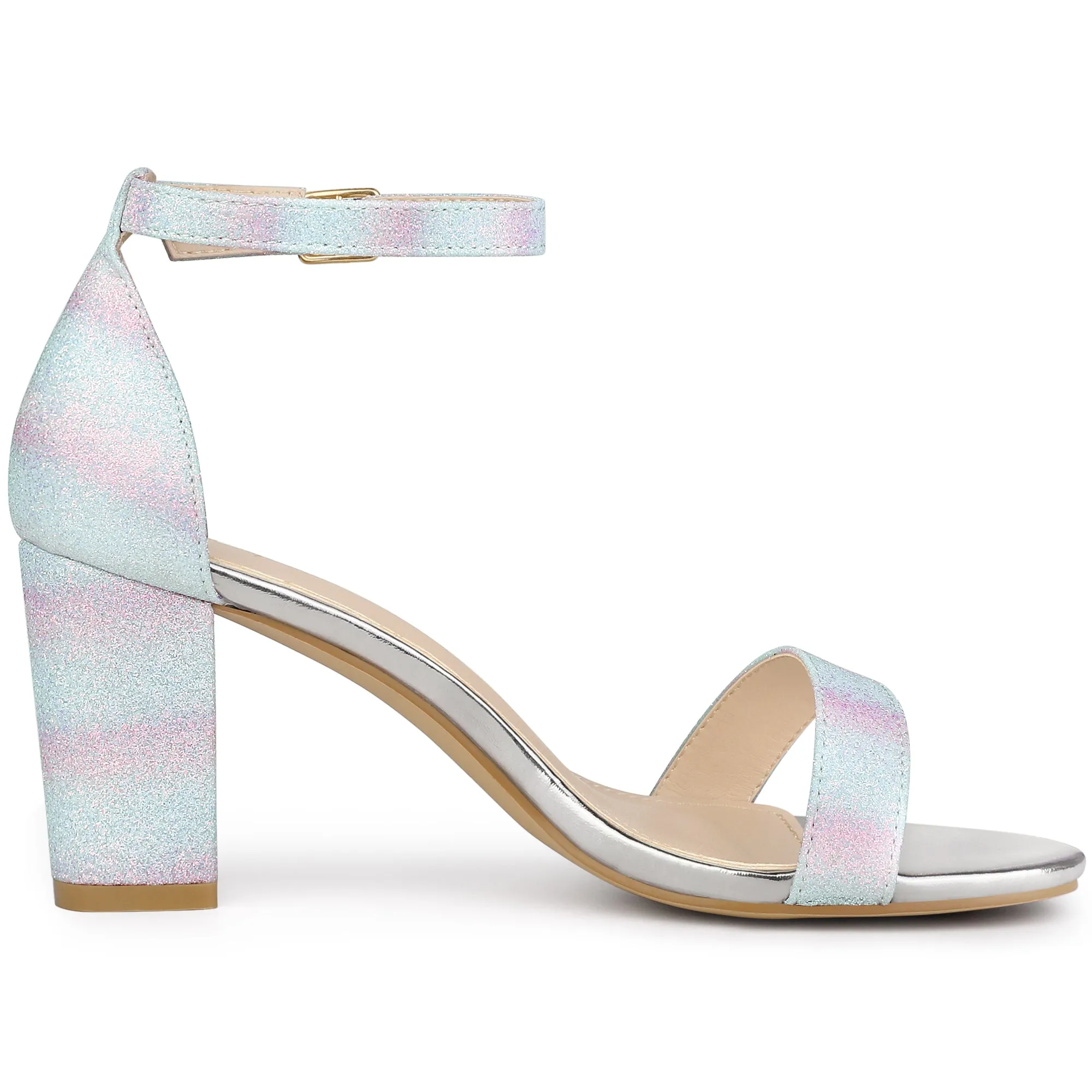 Colorful Gradient Glitter Chunky Heel Ankle Strap Sandals
