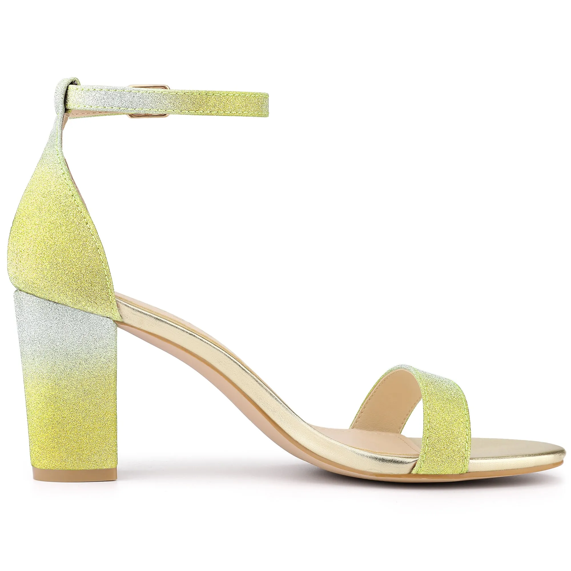 Colorful Gradient Glitter Chunky Heel Ankle Strap Sandals