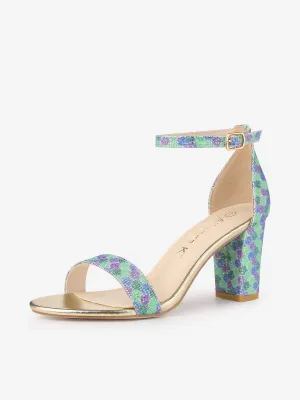 Colorful Gradient Glitter Chunky Heel Ankle Strap Sandals