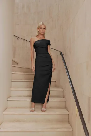 CURAAE Blaire One Shoulder Midi Dress in Black
