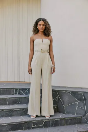 CURAAE Seraphina Tailored Pinstripe Jumpsuit In Beige