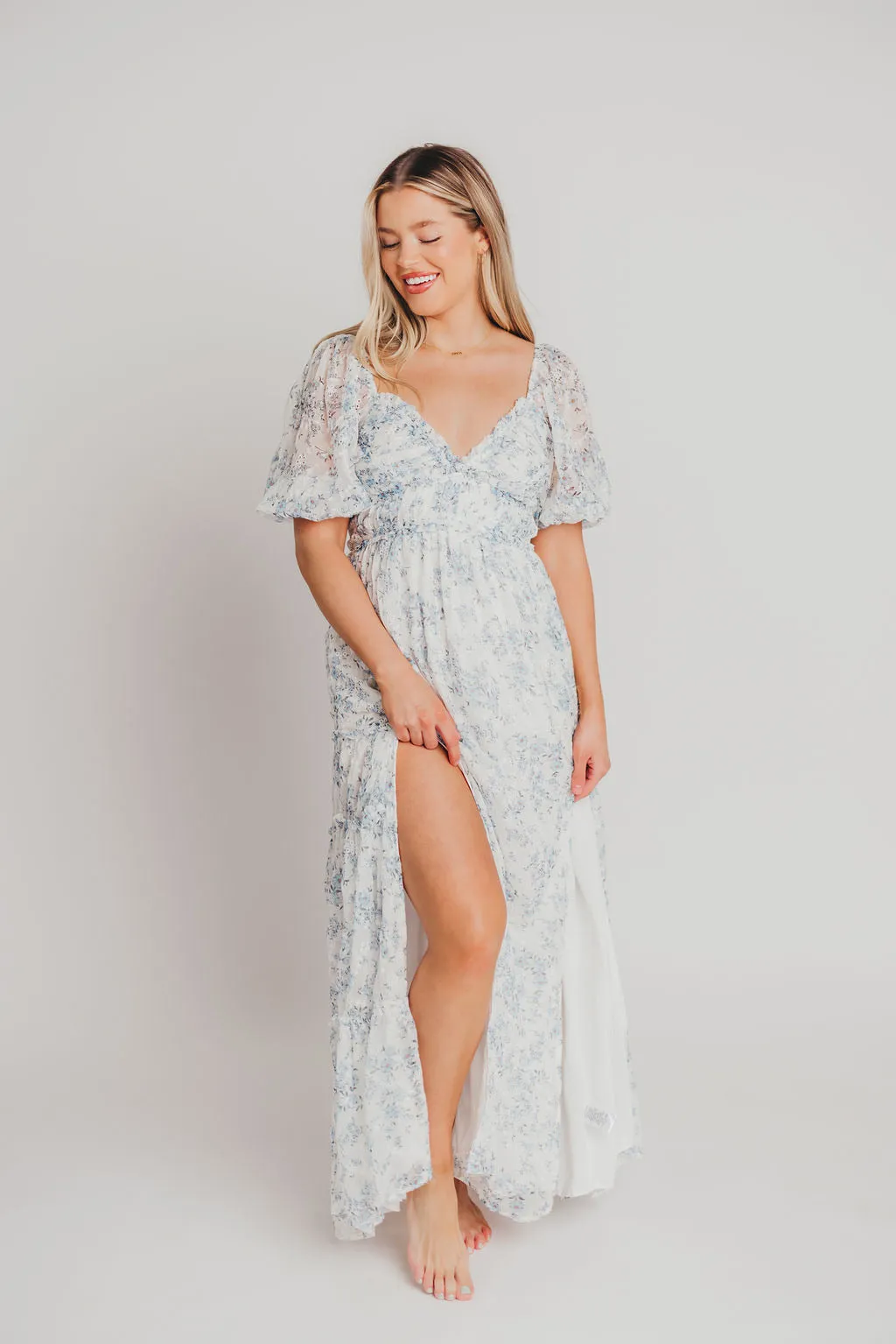 Daphne High Slit Eyelet Detail Maxi Dress in Blue and White Floral - Inclusive Sizing - Inclusive Sizing