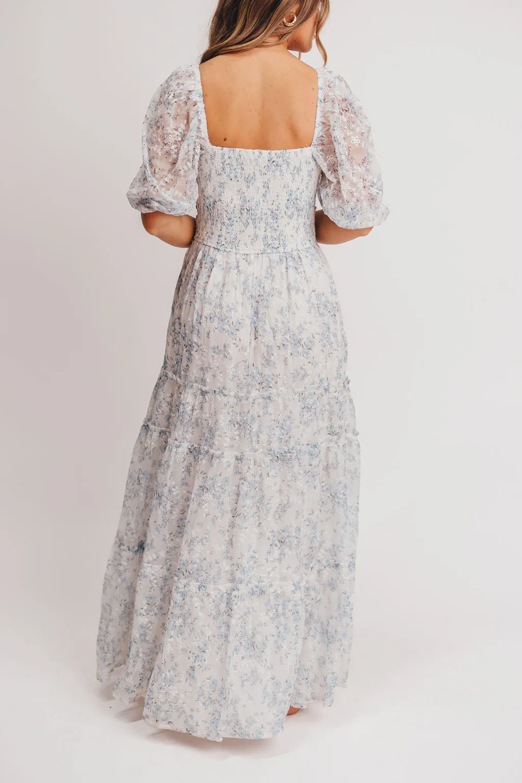 Daphne High Slit Eyelet Detail Maxi Dress in Blue and White Floral - Inclusive Sizing - Inclusive Sizing