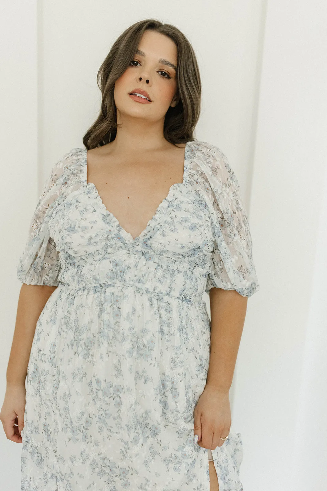 Daphne High Slit Eyelet Detail Maxi Dress in Blue and White Floral - Inclusive Sizing - Inclusive Sizing
