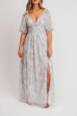 Daphne High Slit Eyelet Detail Maxi Dress in Blue and White Floral - Inclusive Sizing - Inclusive Sizing