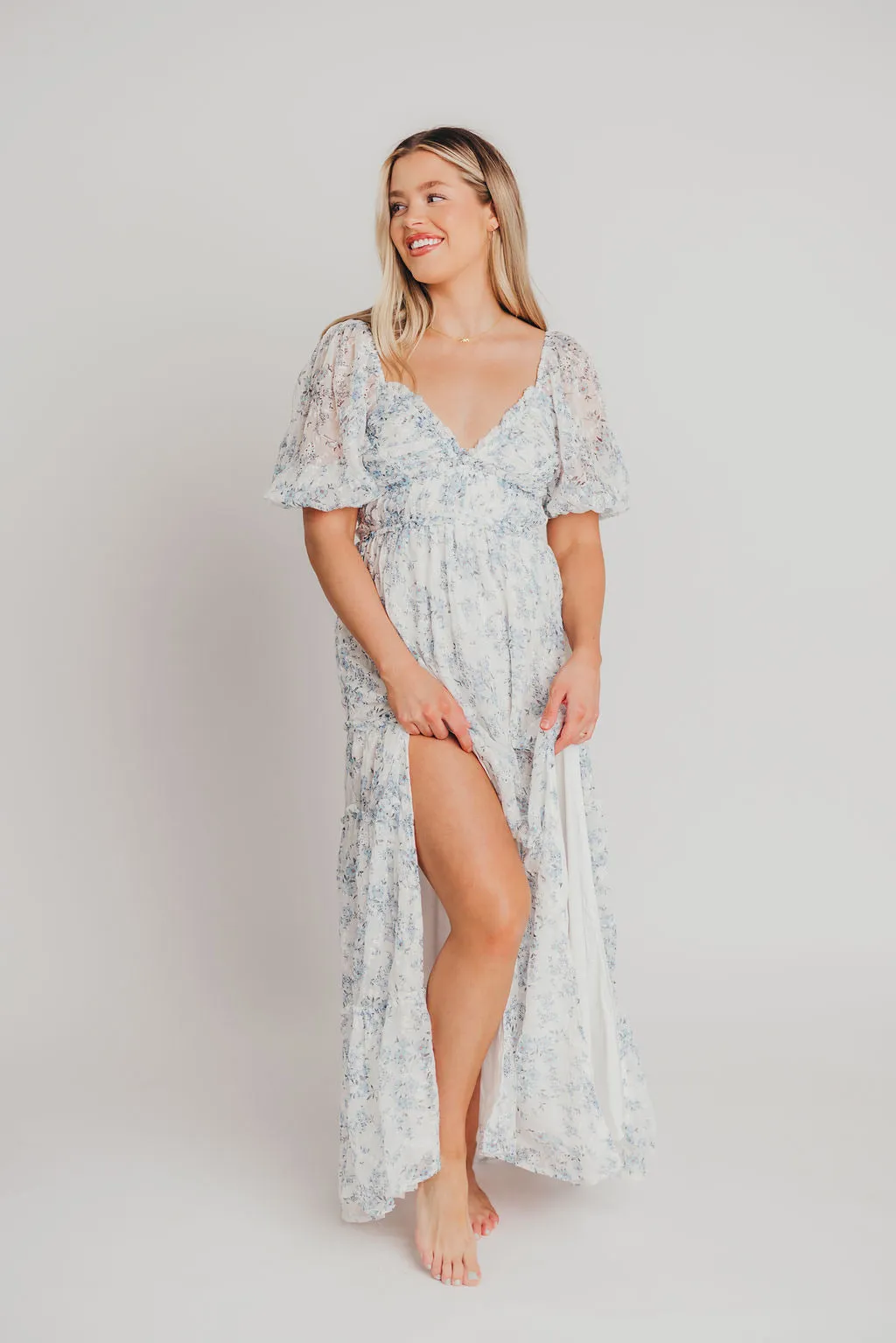 Daphne High Slit Eyelet Detail Maxi Dress in Blue and White Floral - Inclusive Sizing - Inclusive Sizing