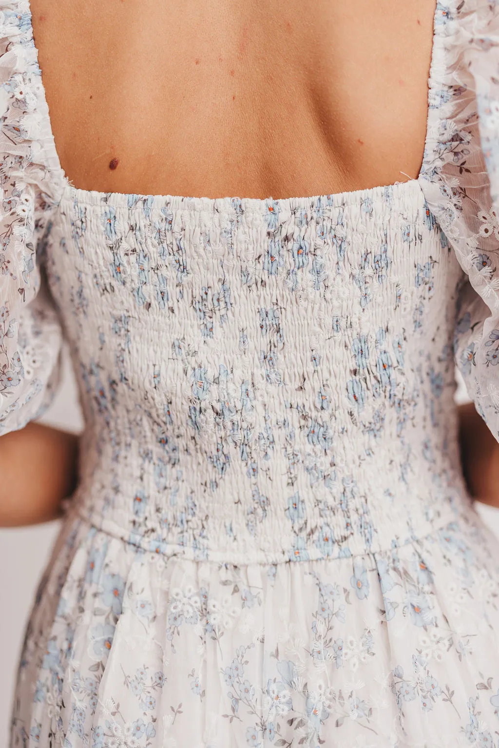 Daphne High Slit Eyelet Detail Maxi Dress in Blue and White Floral - Inclusive Sizing - Inclusive Sizing