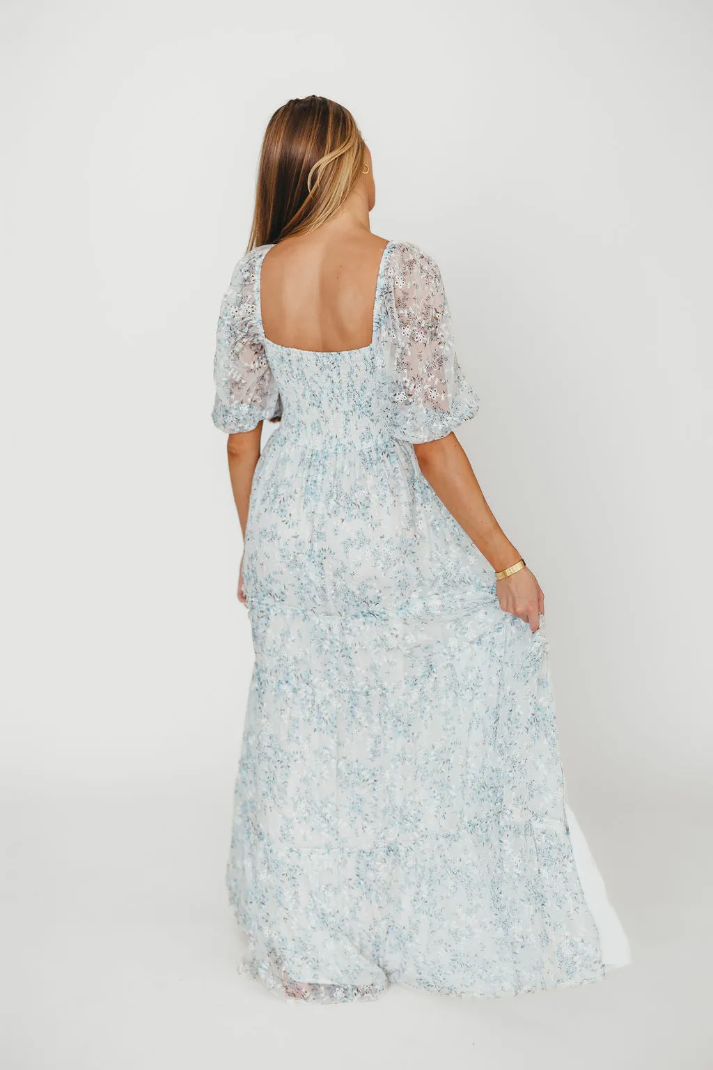 Daphne High Slit Eyelet Detail Maxi Dress in Blue and White Floral - Inclusive Sizing - Inclusive Sizing
