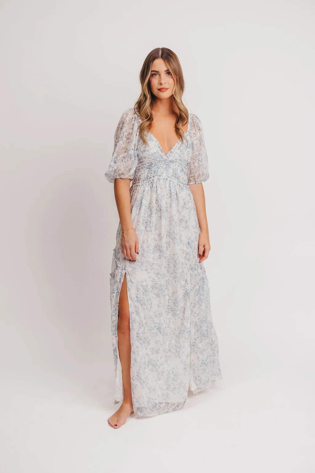 Daphne High Slit Eyelet Detail Maxi Dress in Blue and White Floral - Inclusive Sizing - Inclusive Sizing