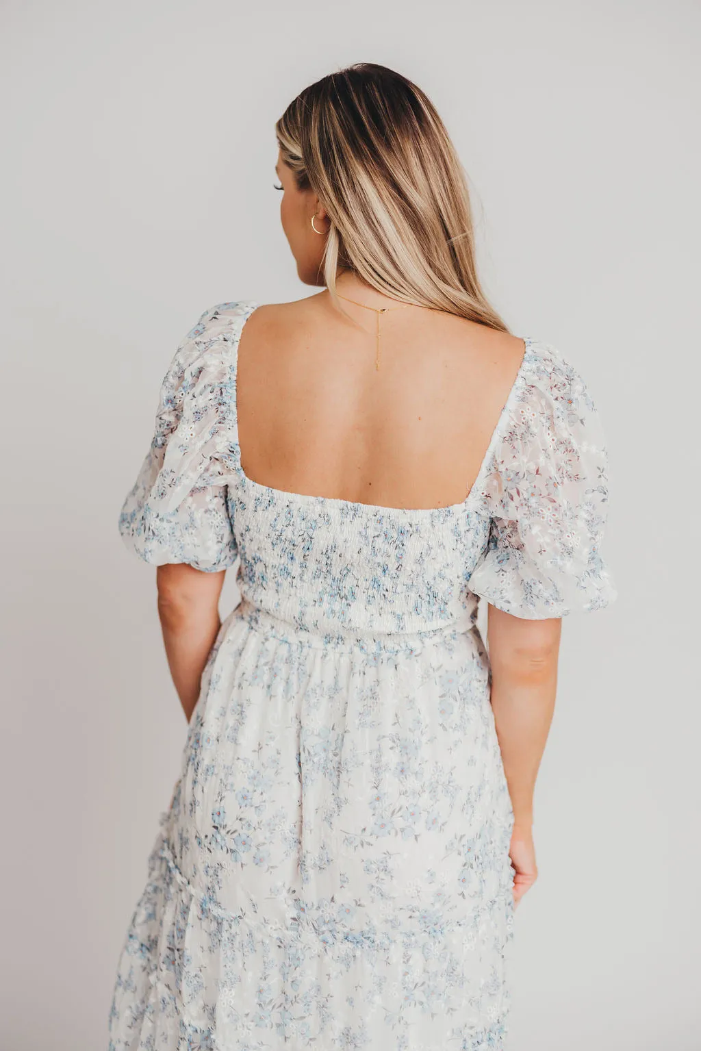 Daphne High Slit Eyelet Detail Maxi Dress in Blue and White Floral - Inclusive Sizing - Inclusive Sizing