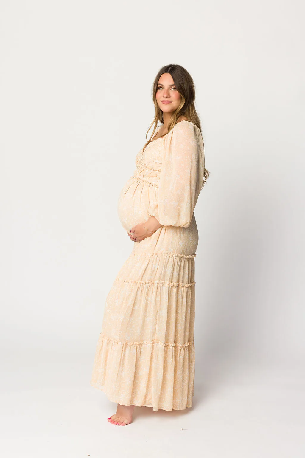 Daphne Long Sleeve Maxi Dress in Light Beige/White Floral - Bump Friendly & Inclusive Sizing (XS-3XL)