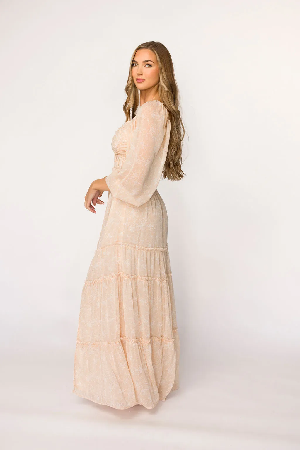 Daphne Long Sleeve Maxi Dress in Light Beige/White Floral - Bump Friendly & Inclusive Sizing (XS-3XL)
