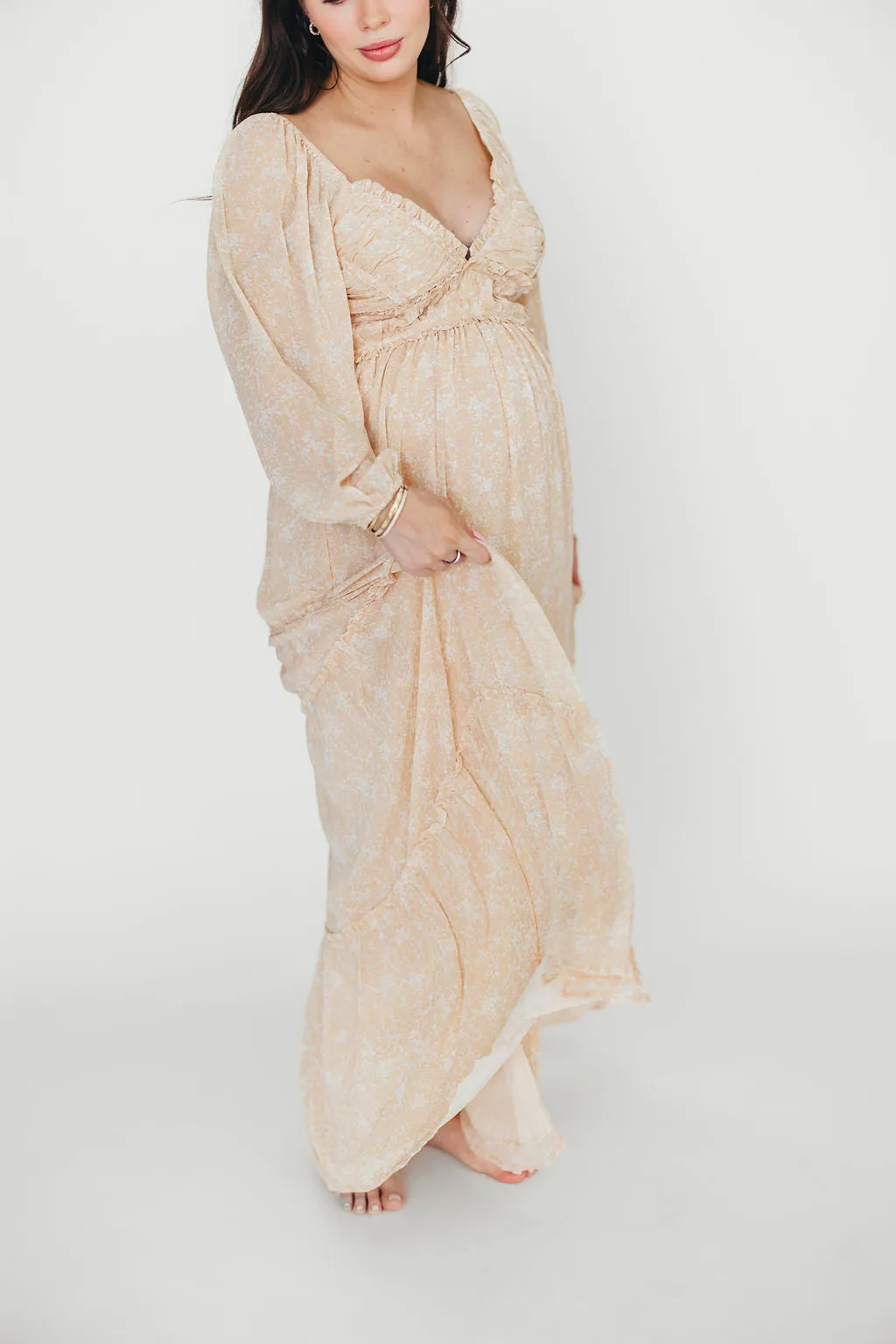 Daphne Long Sleeve Maxi Dress in Light Beige/White Floral - Bump Friendly & Inclusive Sizing (XS-3XL)