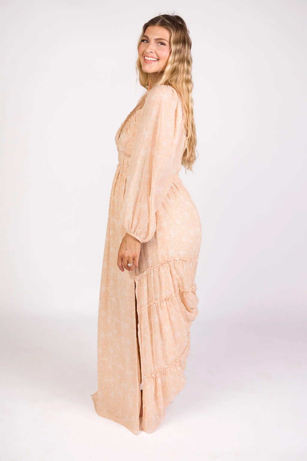 Daphne Long Sleeve Maxi Dress in Light Beige/White Floral - Bump Friendly & Inclusive Sizing (XS-3XL)
