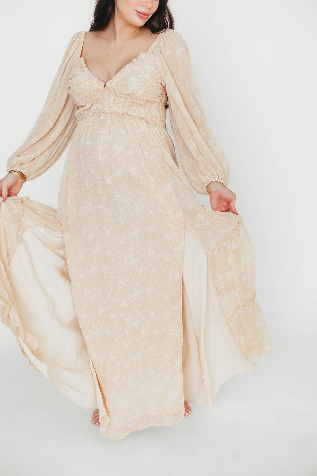 Daphne Long Sleeve Maxi Dress in Light Beige/White Floral - Bump Friendly & Inclusive Sizing (XS-3XL)