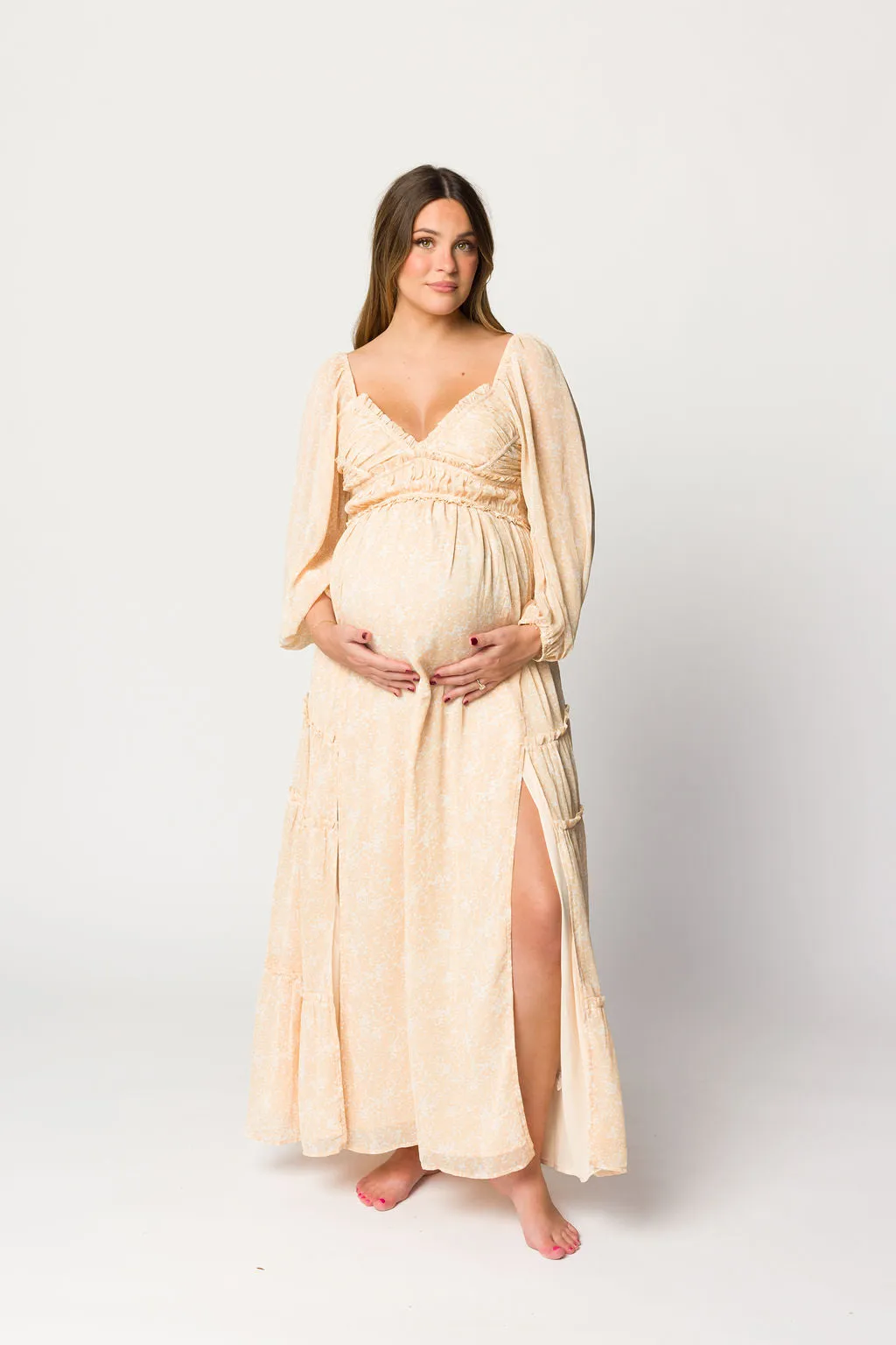 Daphne Long Sleeve Maxi Dress in Light Beige/White Floral - Bump Friendly & Inclusive Sizing (XS-3XL)