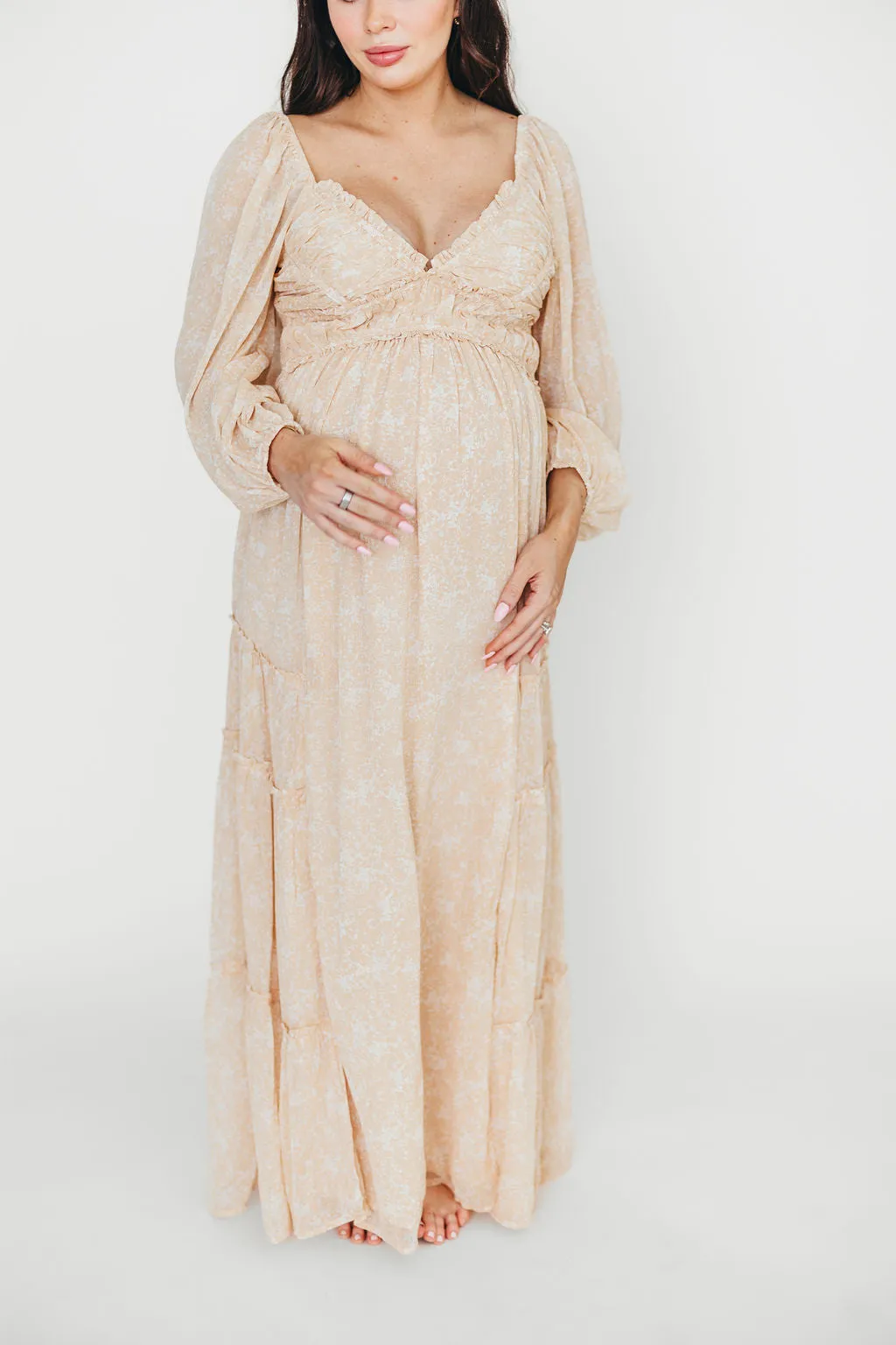 Daphne Long Sleeve Maxi Dress in Light Beige/White Floral - Bump Friendly & Inclusive Sizing (XS-3XL)