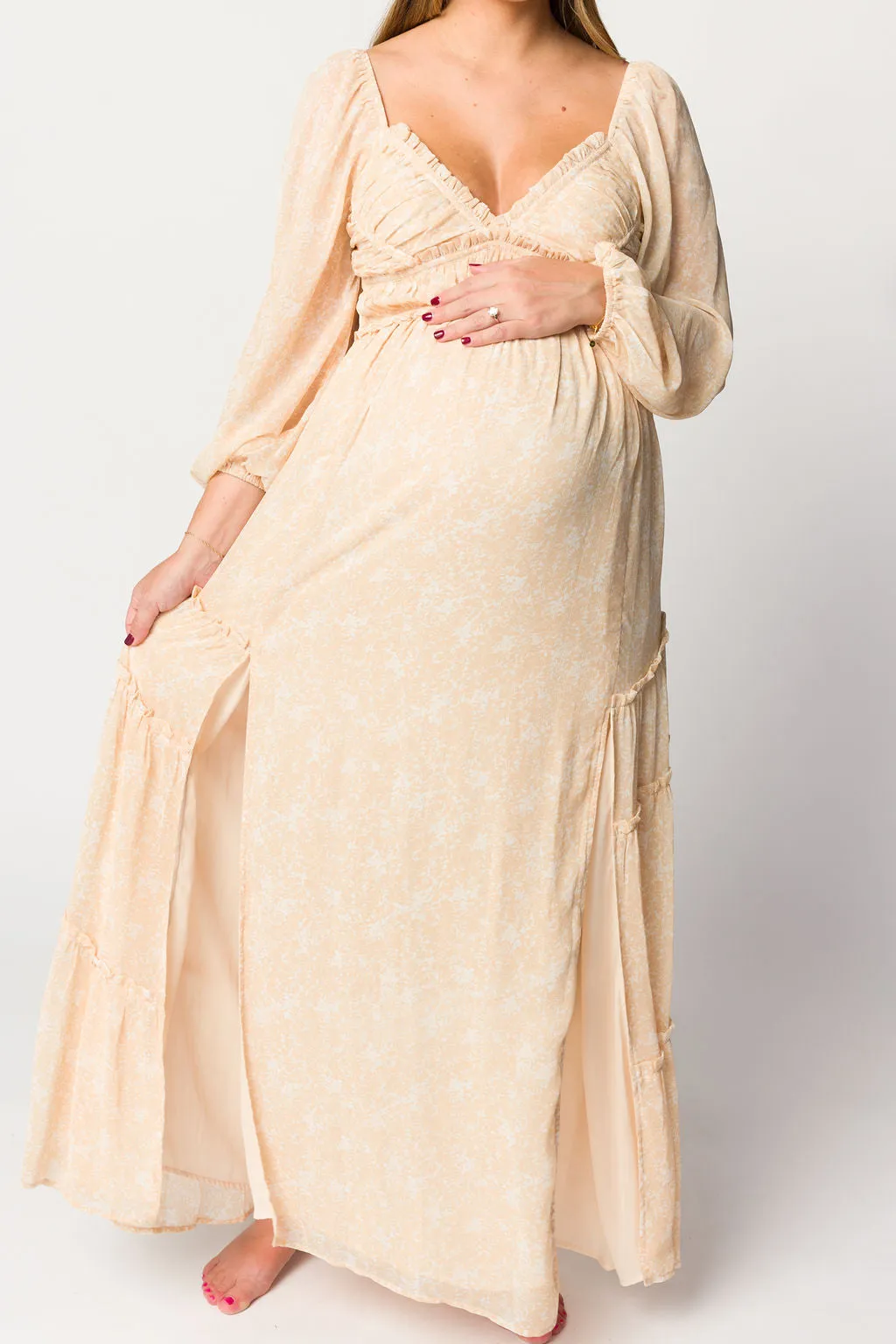 Daphne Long Sleeve Maxi Dress in Light Beige/White Floral - Bump Friendly & Inclusive Sizing (XS-3XL)
